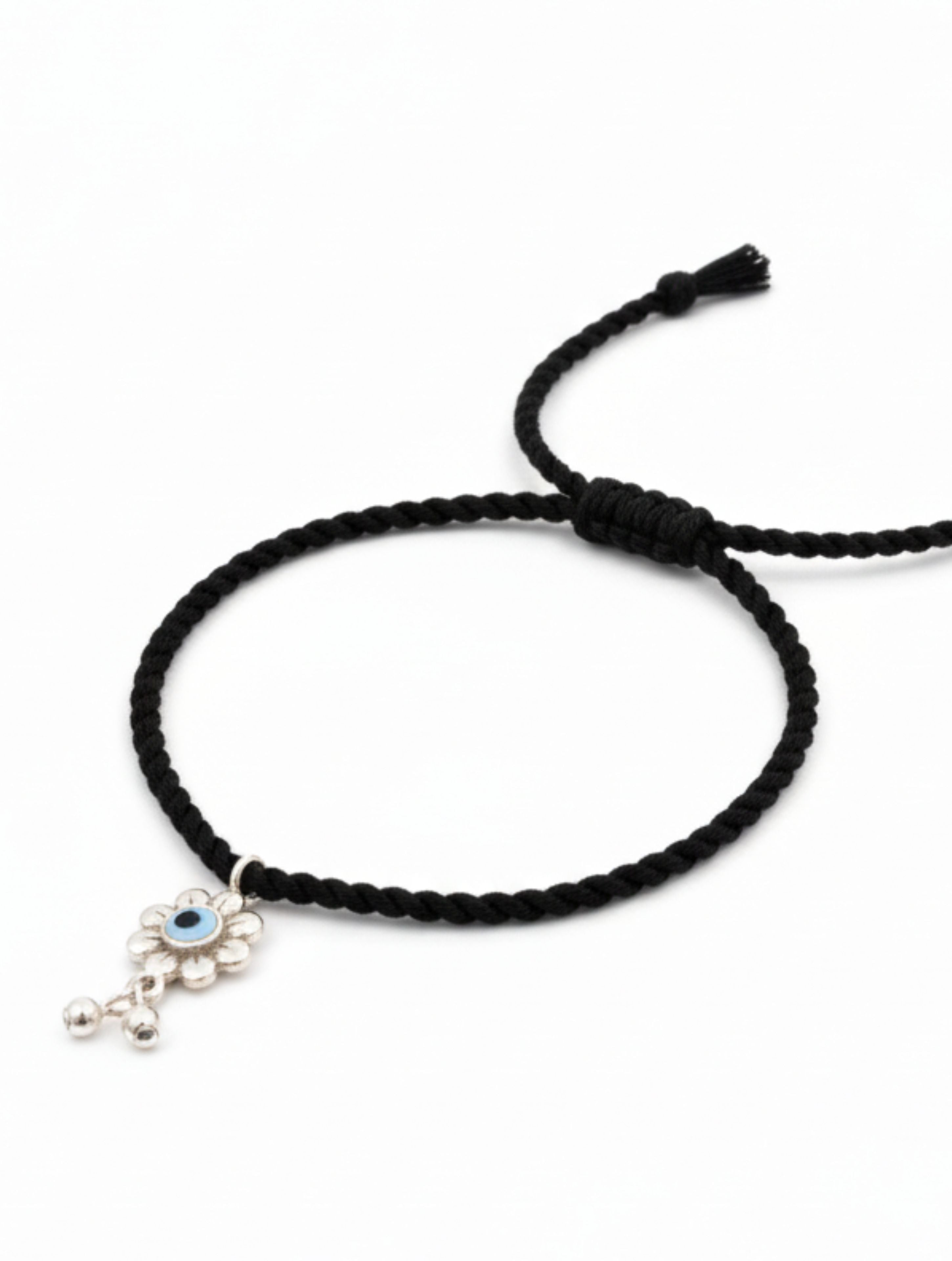 Adjustable Black Thread Anklet with Silver MOP Evil Eye Flower Charm