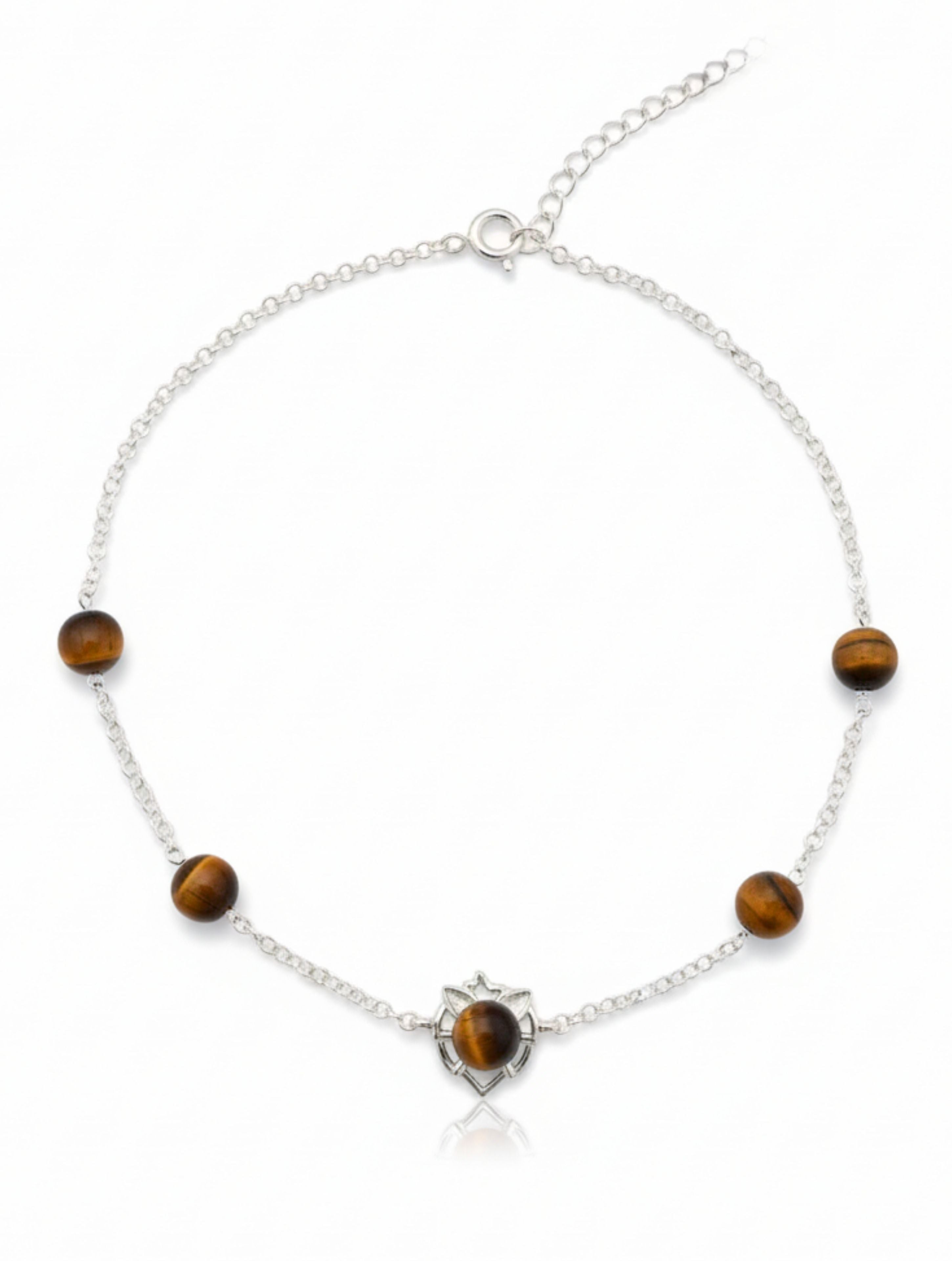 Tiger Eye Lotus Motif 925 Sterling Silver Anklet