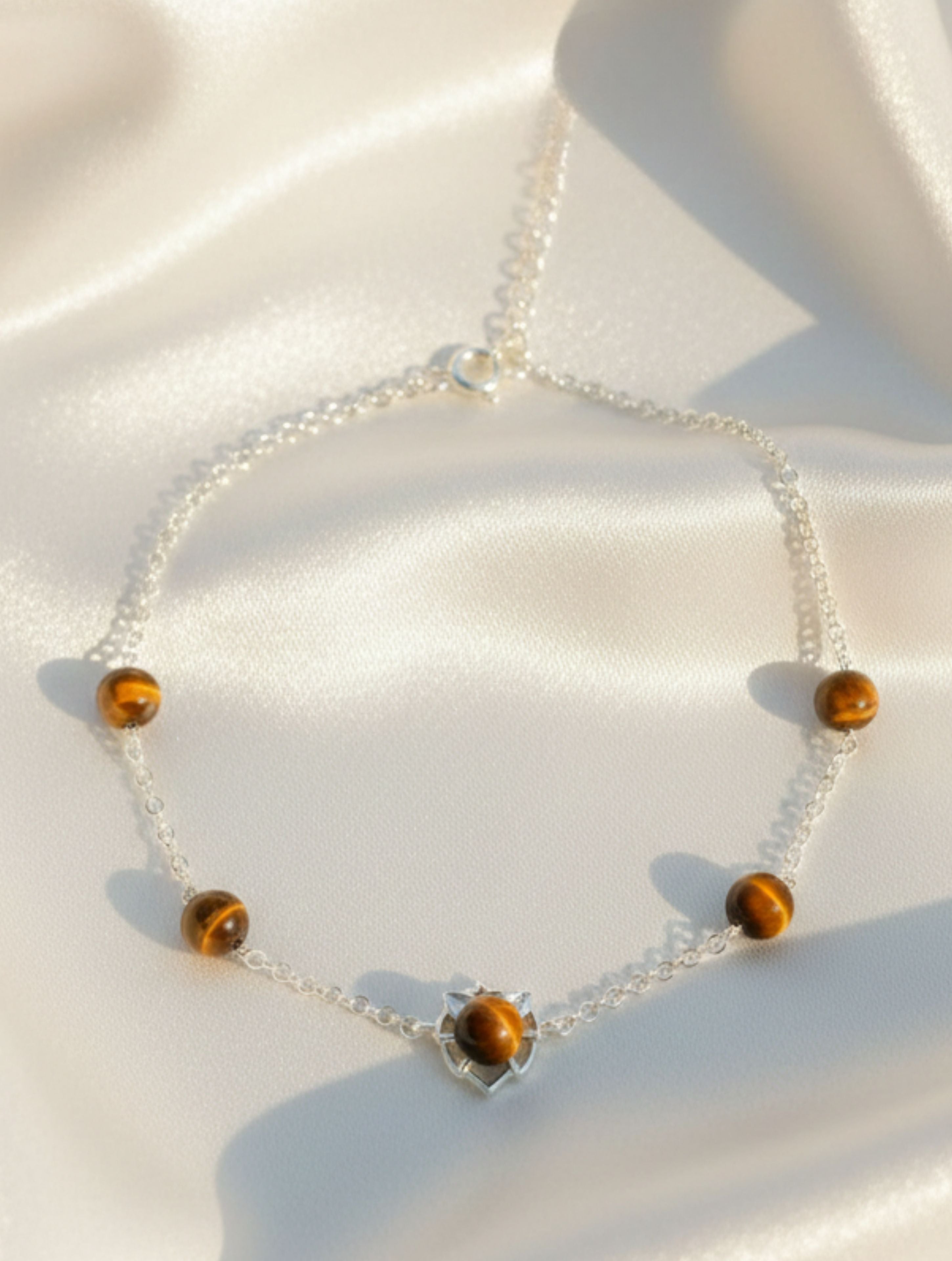 Tiger Eye Lotus Motif 925 Sterling Silver Anklet