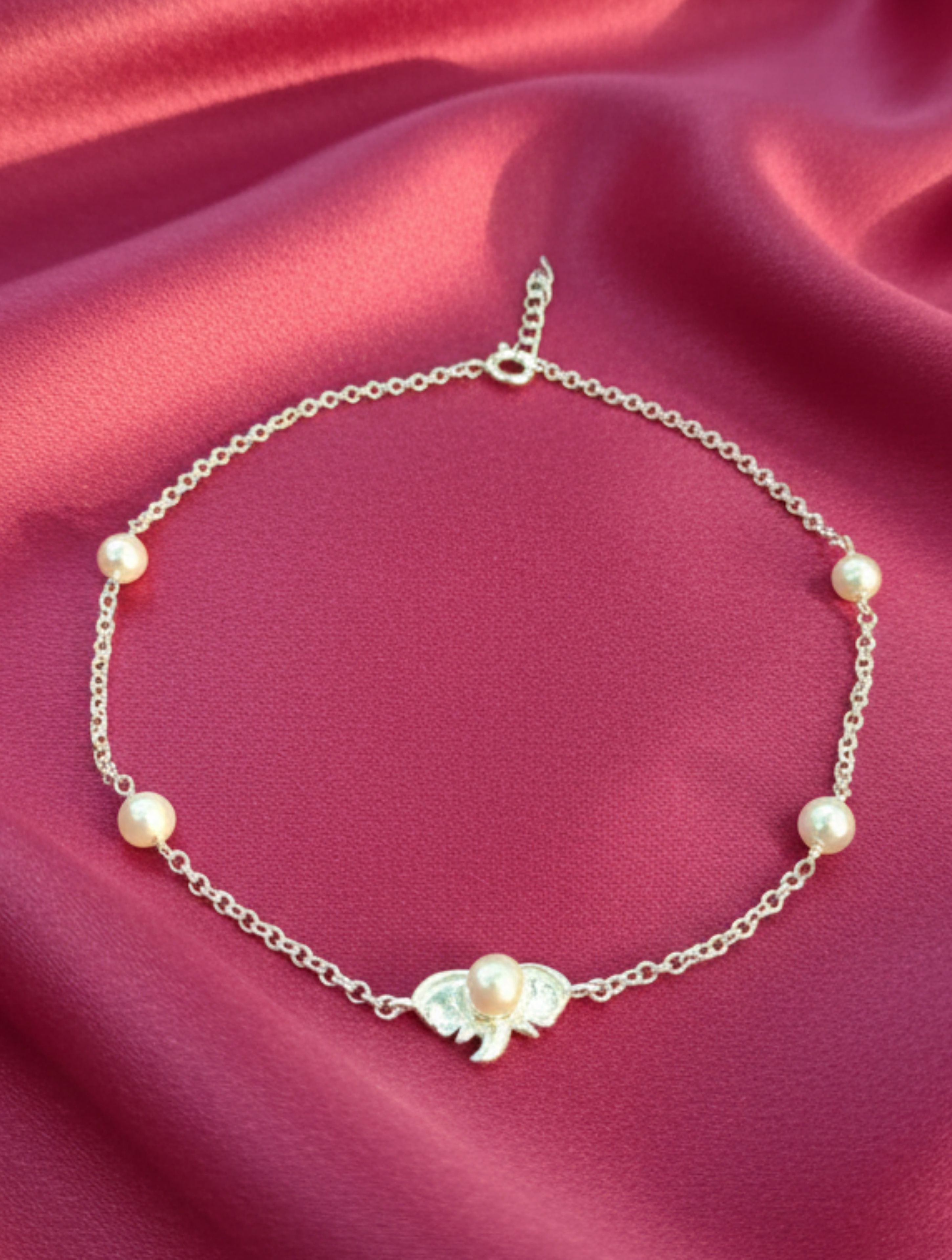 925 Sterling Silver Pearl Station Charm Anklet
