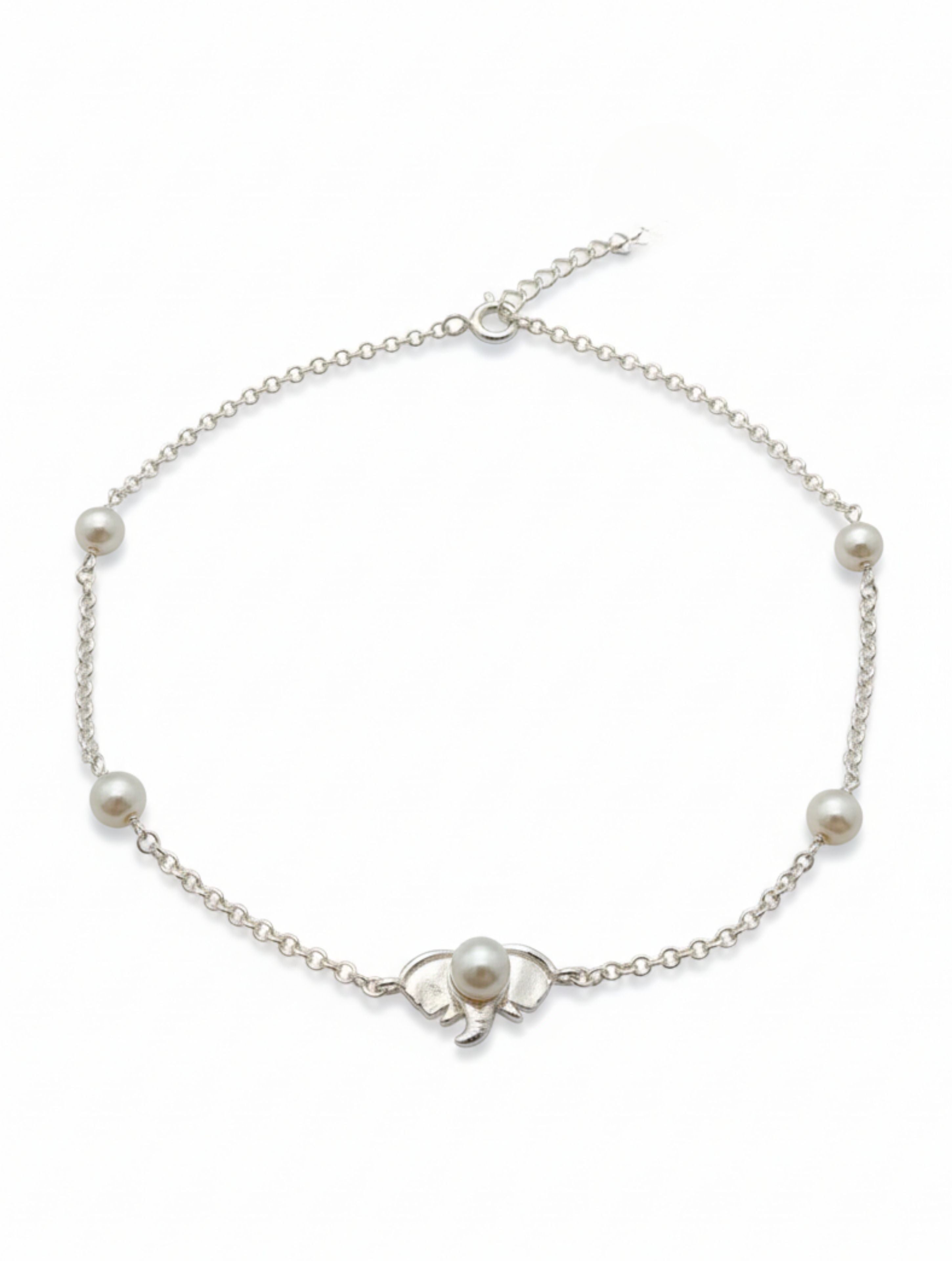925 Sterling Silver Pearl Station Charm Anklet