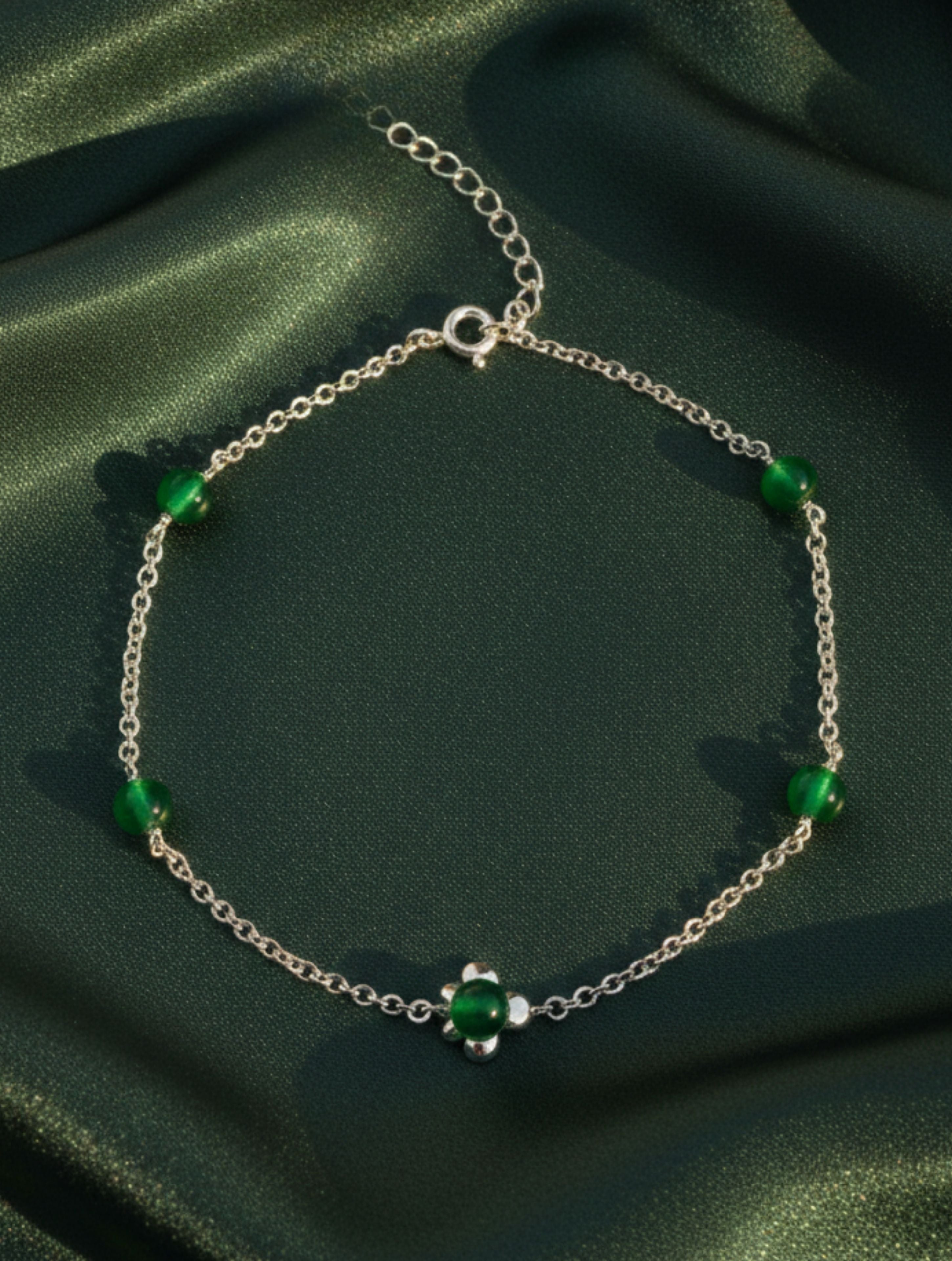 925 Sterling Silver Green Jade Turtle Anklet For Women