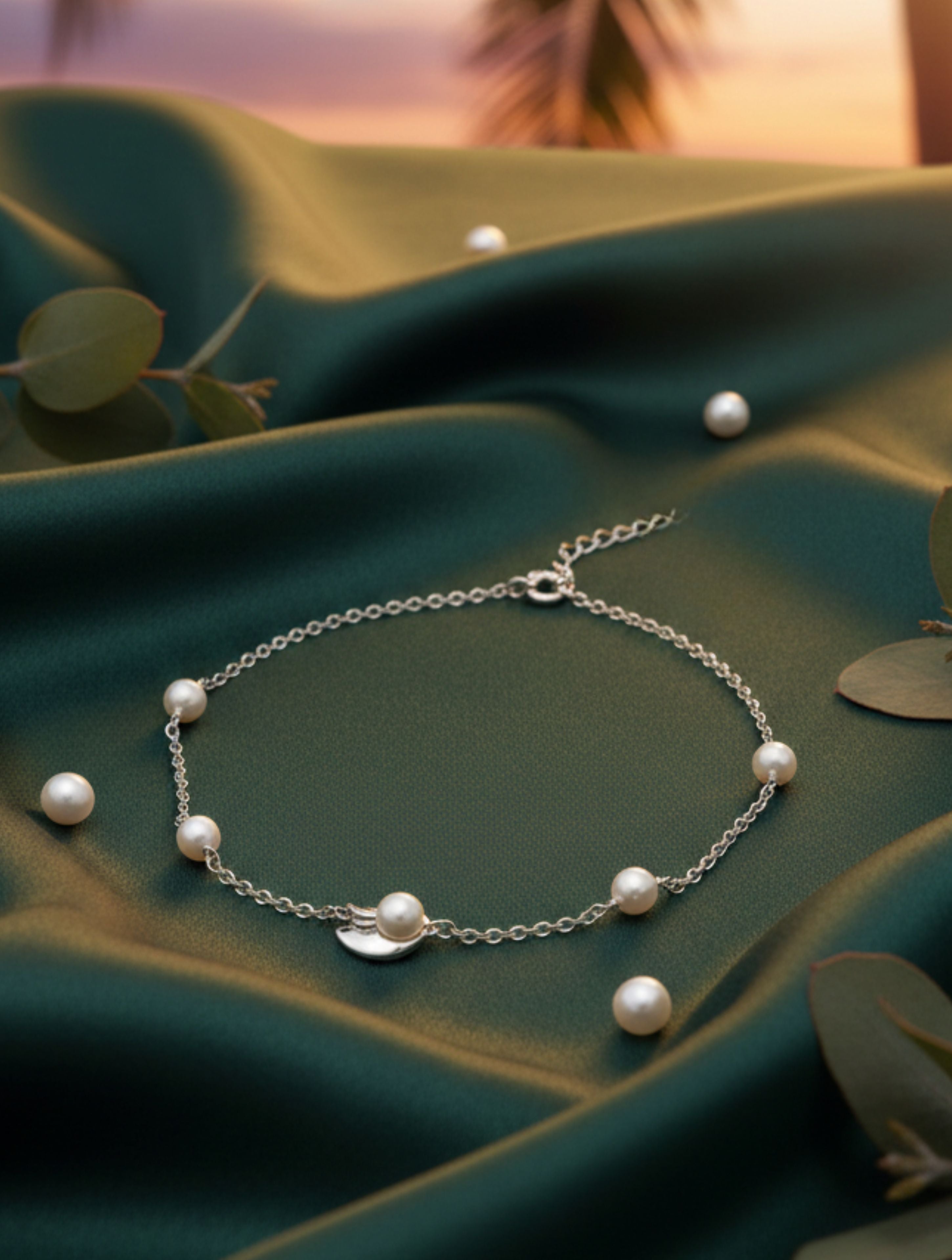 925 Sterling Silver & Pearl Charm Anklet