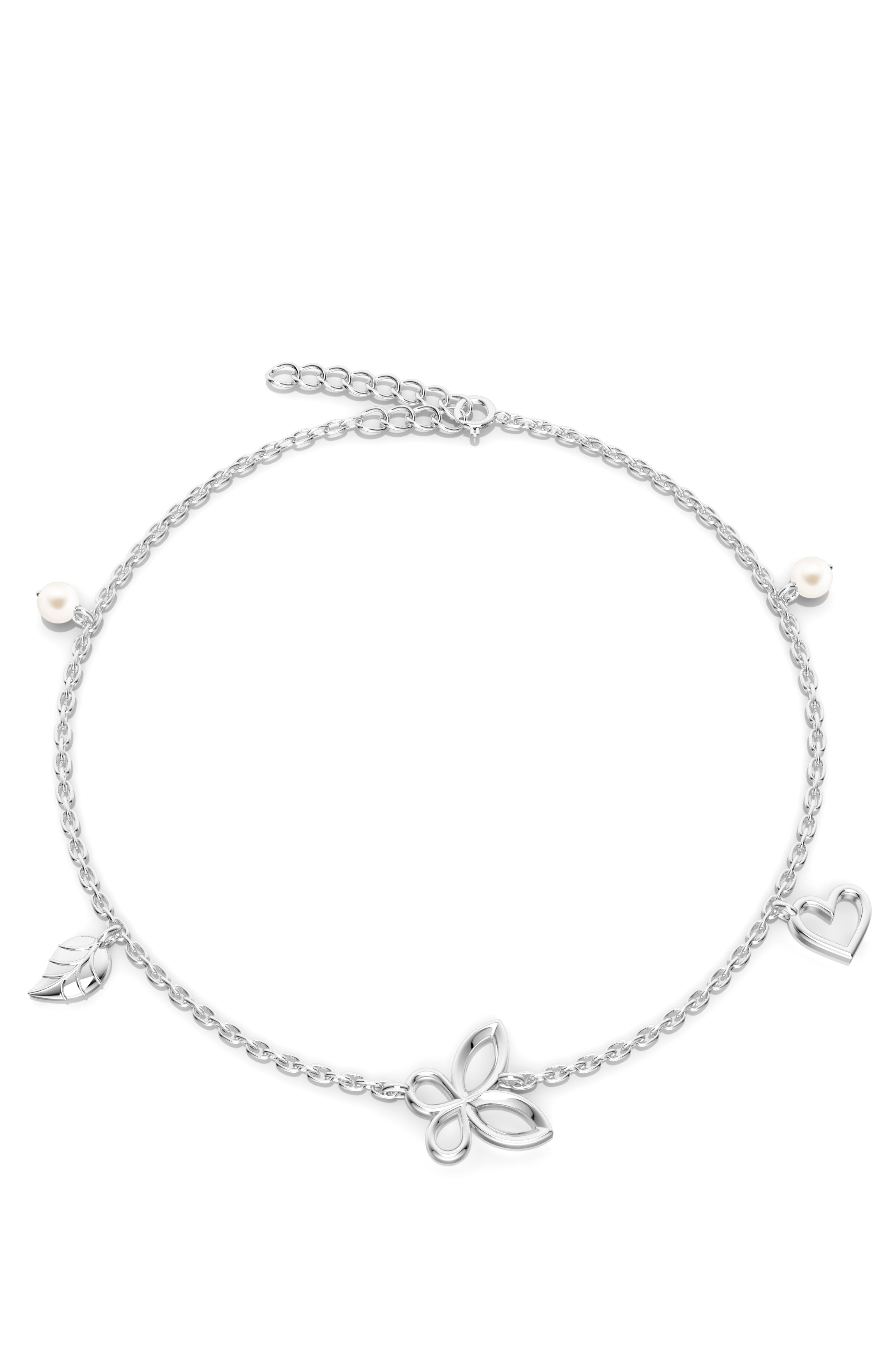 925 Sterling Silver Butterfly, Heart & Leaf Charm Anklet with Pearls