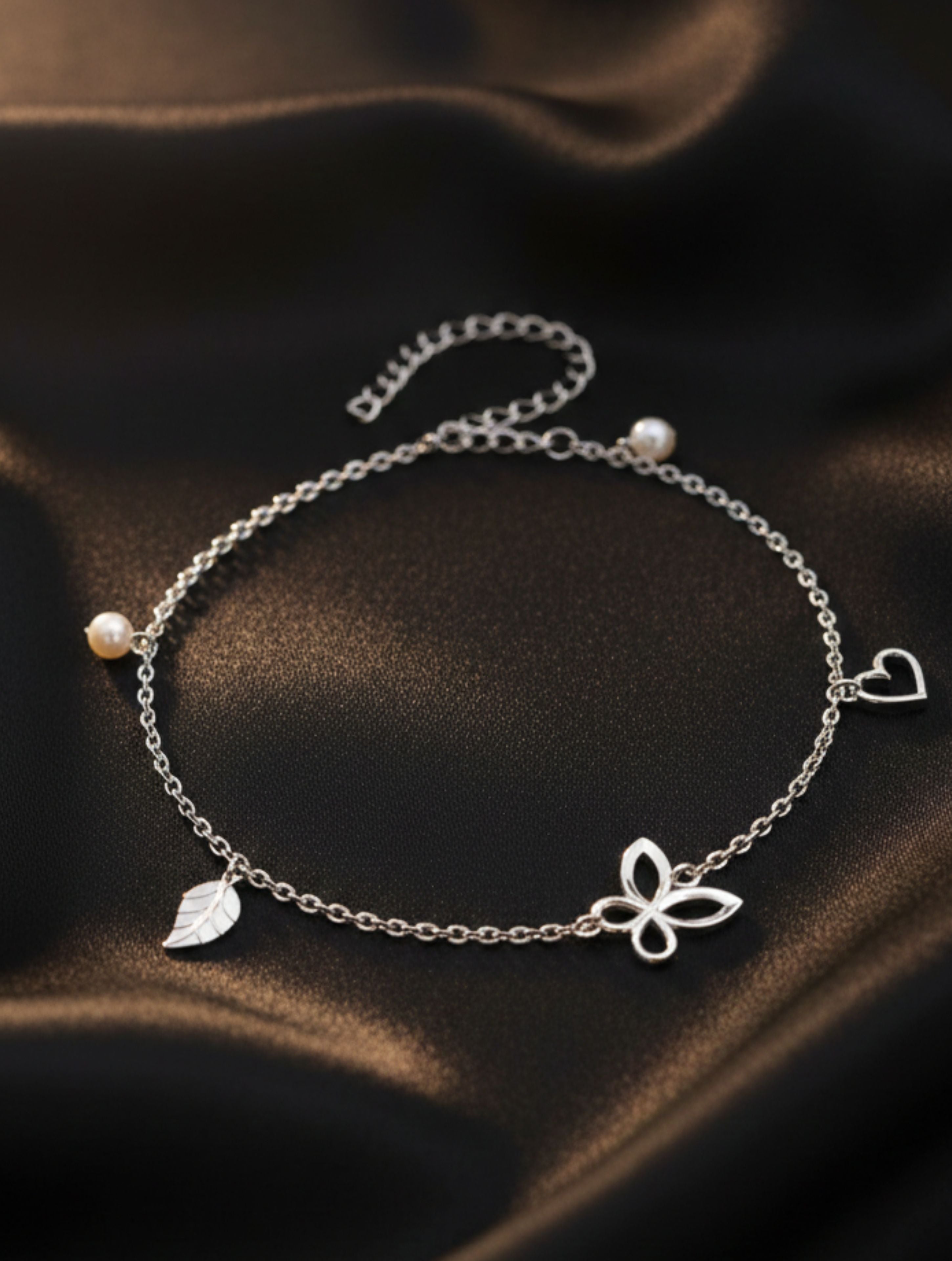 925 Sterling Silver Butterfly, Heart & Leaf Charm Anklet with Pearls