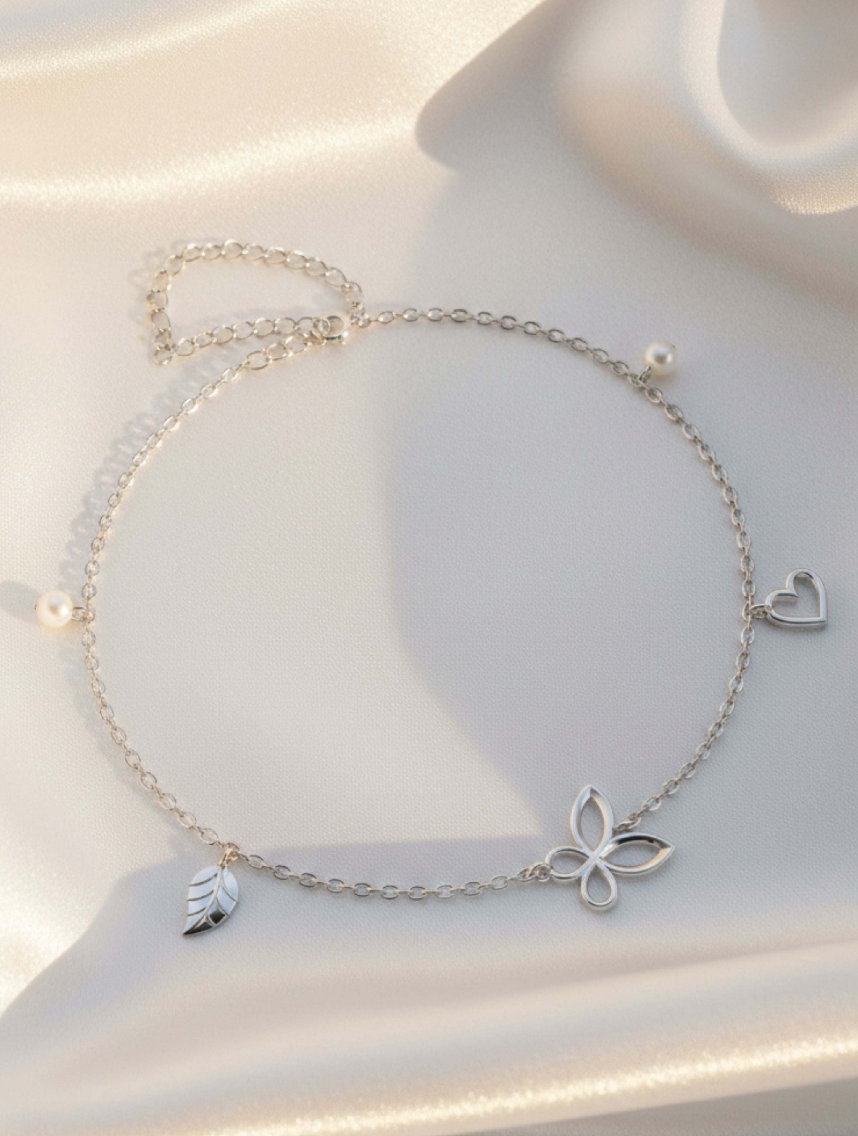 925 Sterling Silver Butterfly, Heart & Leaf Charm Anklet with Pearls