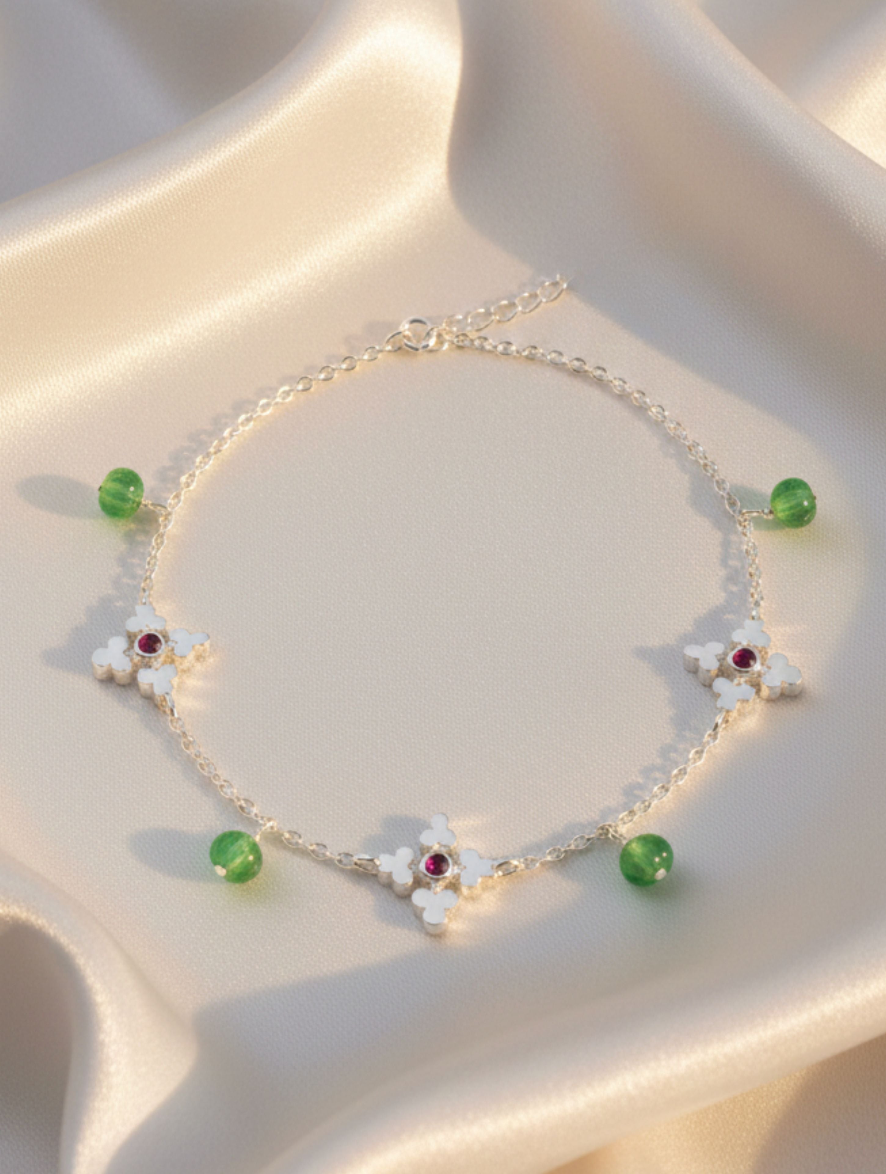 925 Sterling Silver Charm & Green Jade Bead Anklet