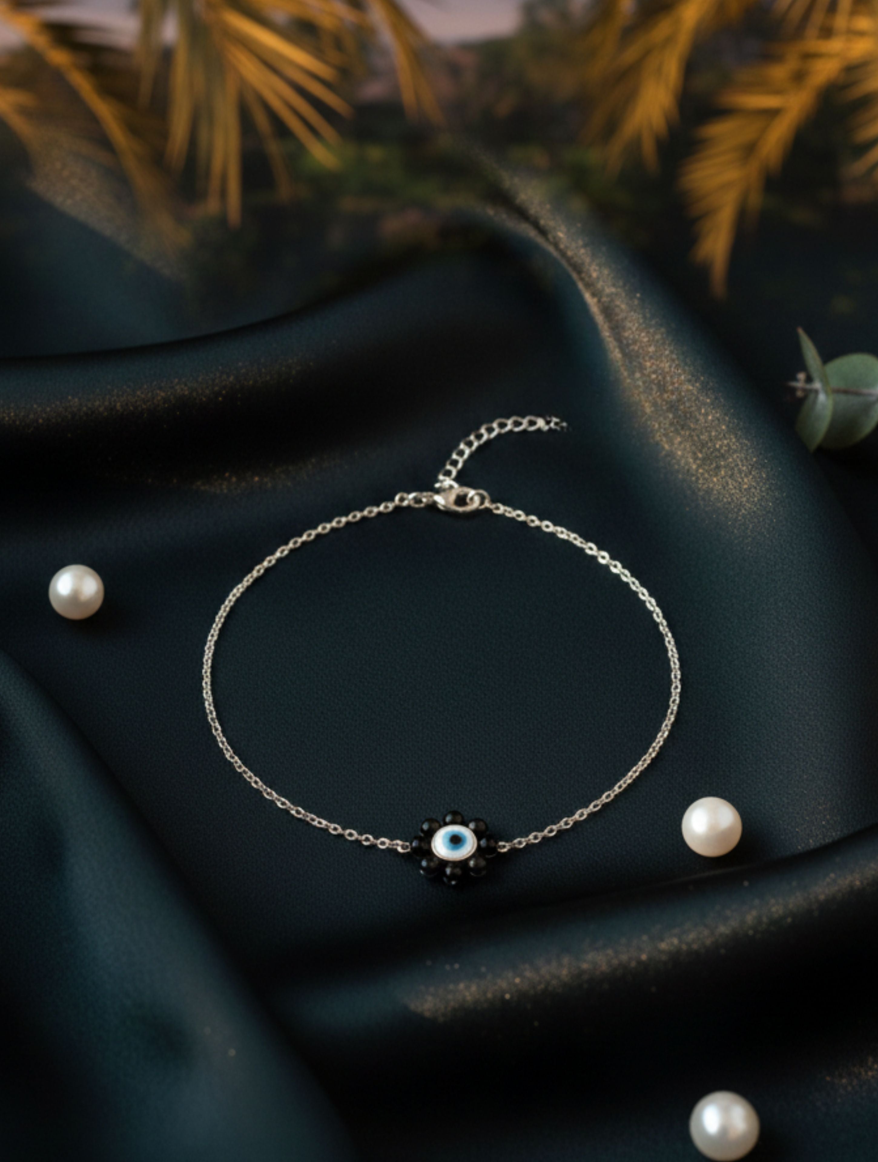 925 Sterling Silver Evil Eye & Black Onyx Flower Anklet