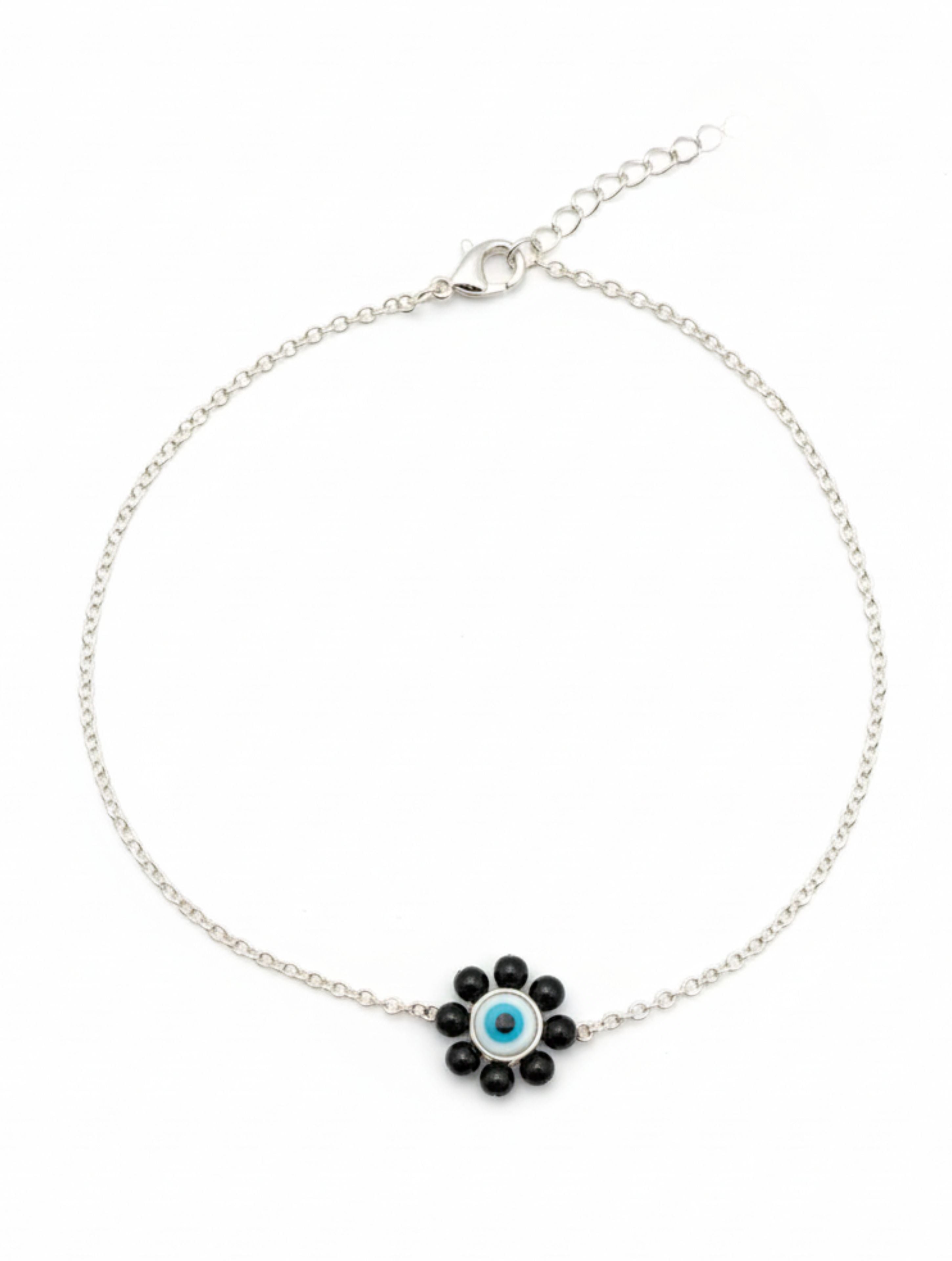 925 Sterling Silver Evil Eye & Black Onyx Flower Anklet