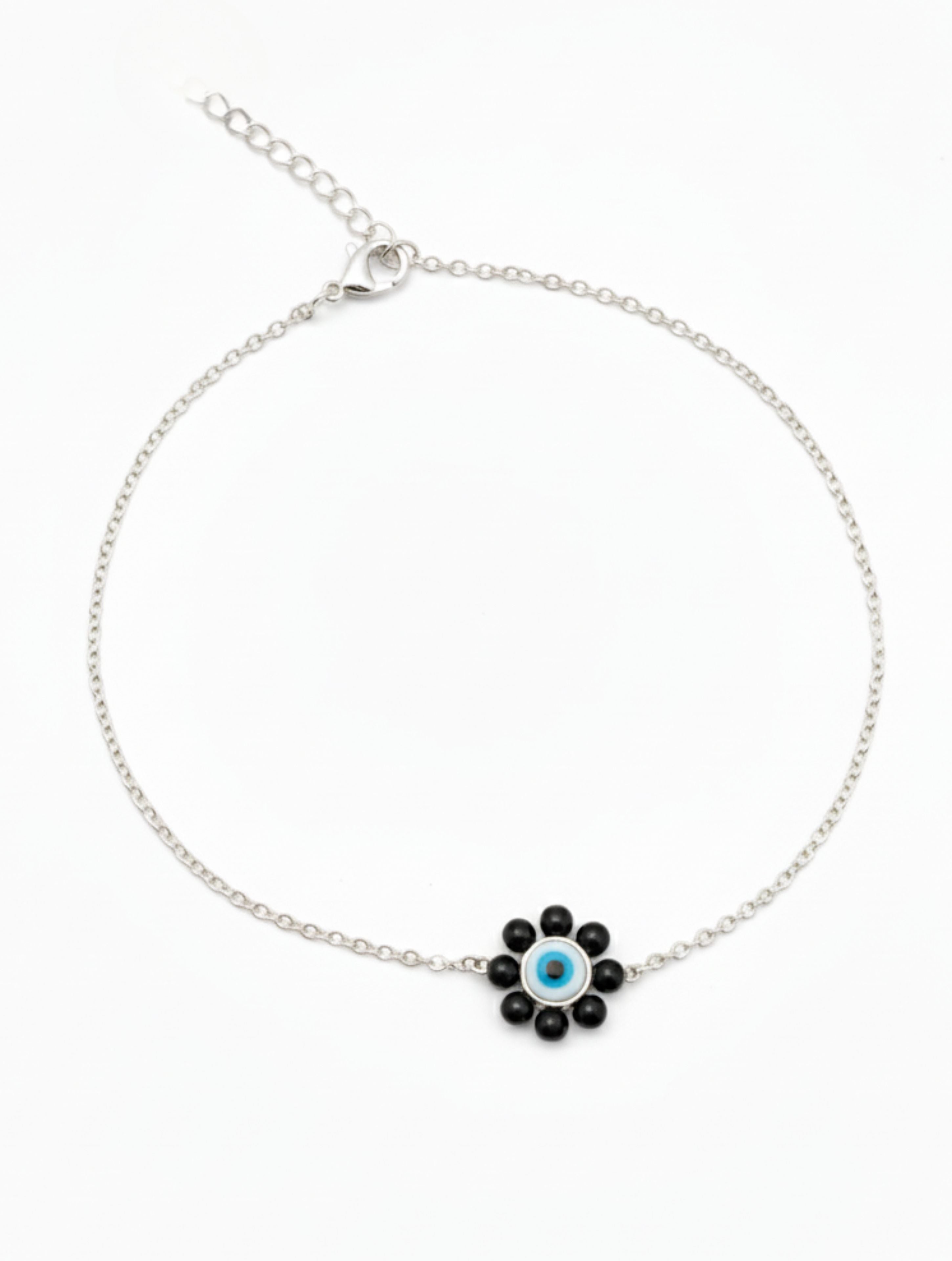 925 Sterling Silver Evil Eye & Black Onyx Flower Anklet