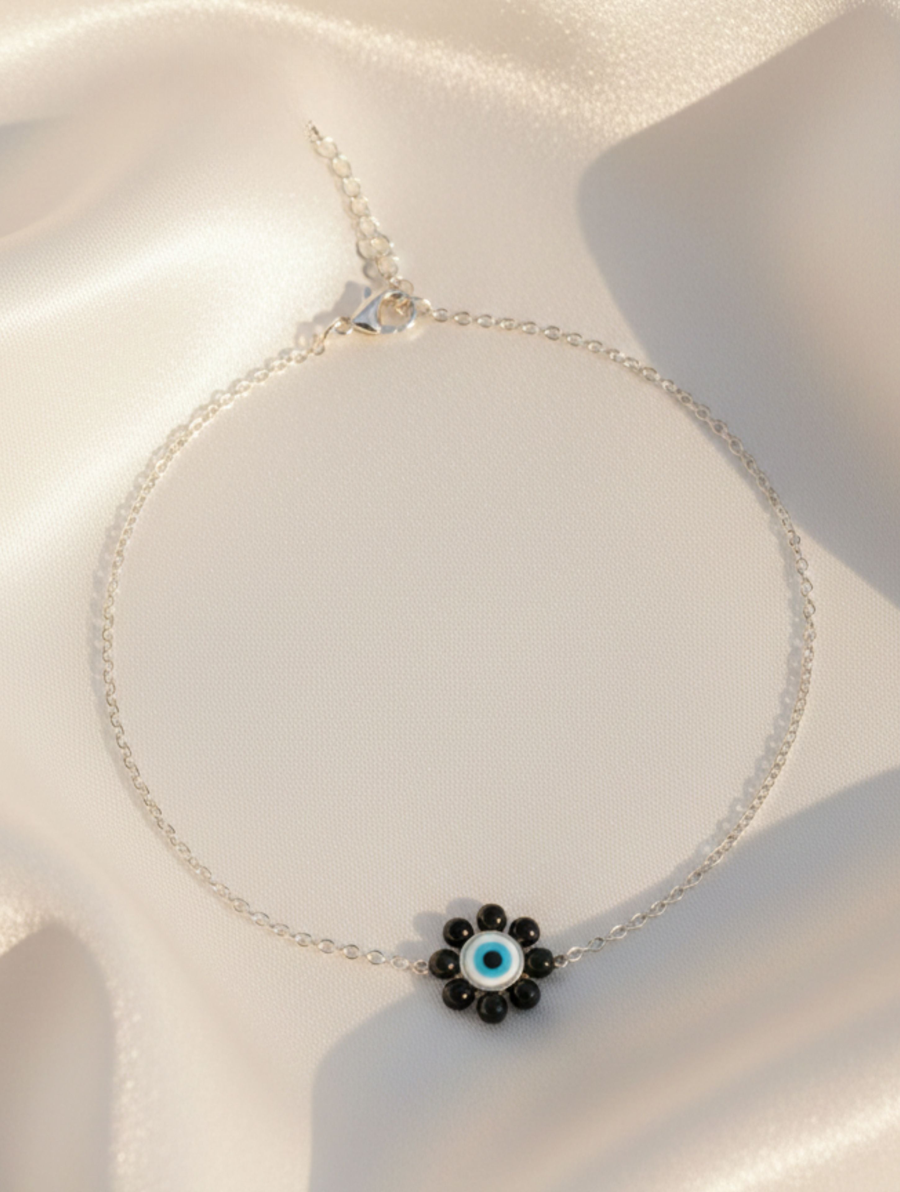 925 Sterling Silver Evil Eye & Black Onyx Flower Anklet