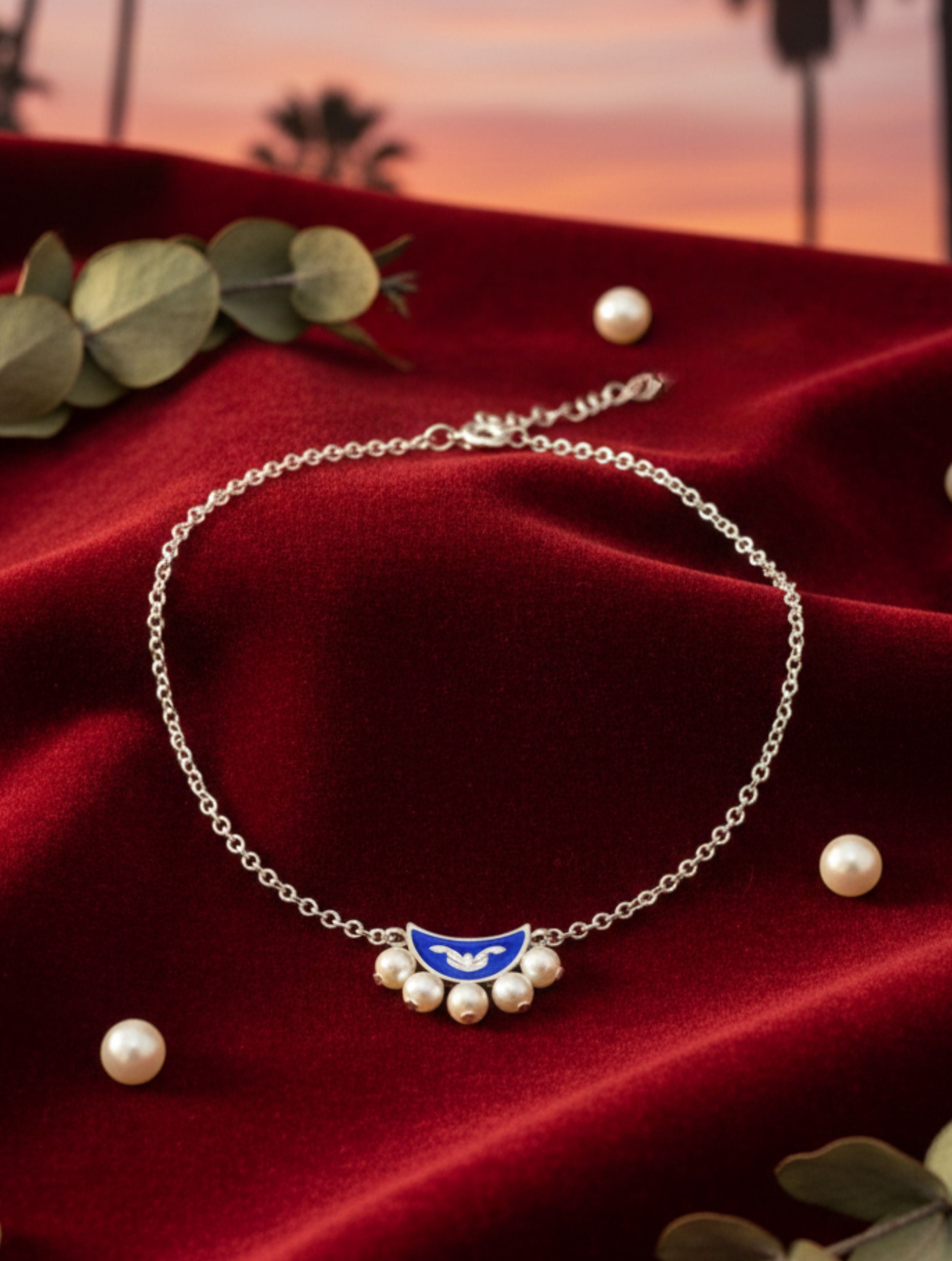 925 Sterling Silver Blue Enamel Crescent Moon Pearl Anklet