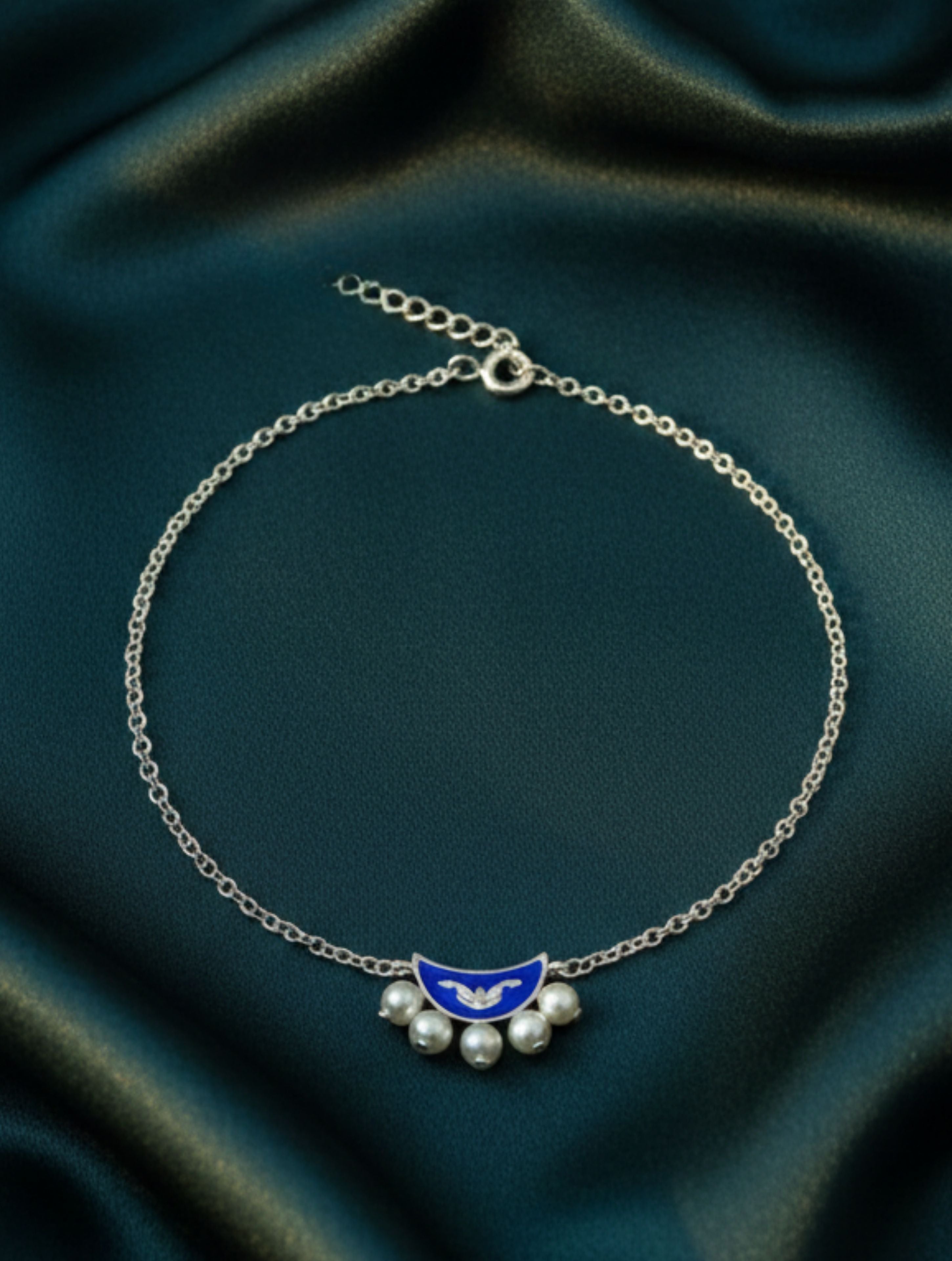 925 Sterling Silver Blue Enamel Crescent Moon Pearl Anklet