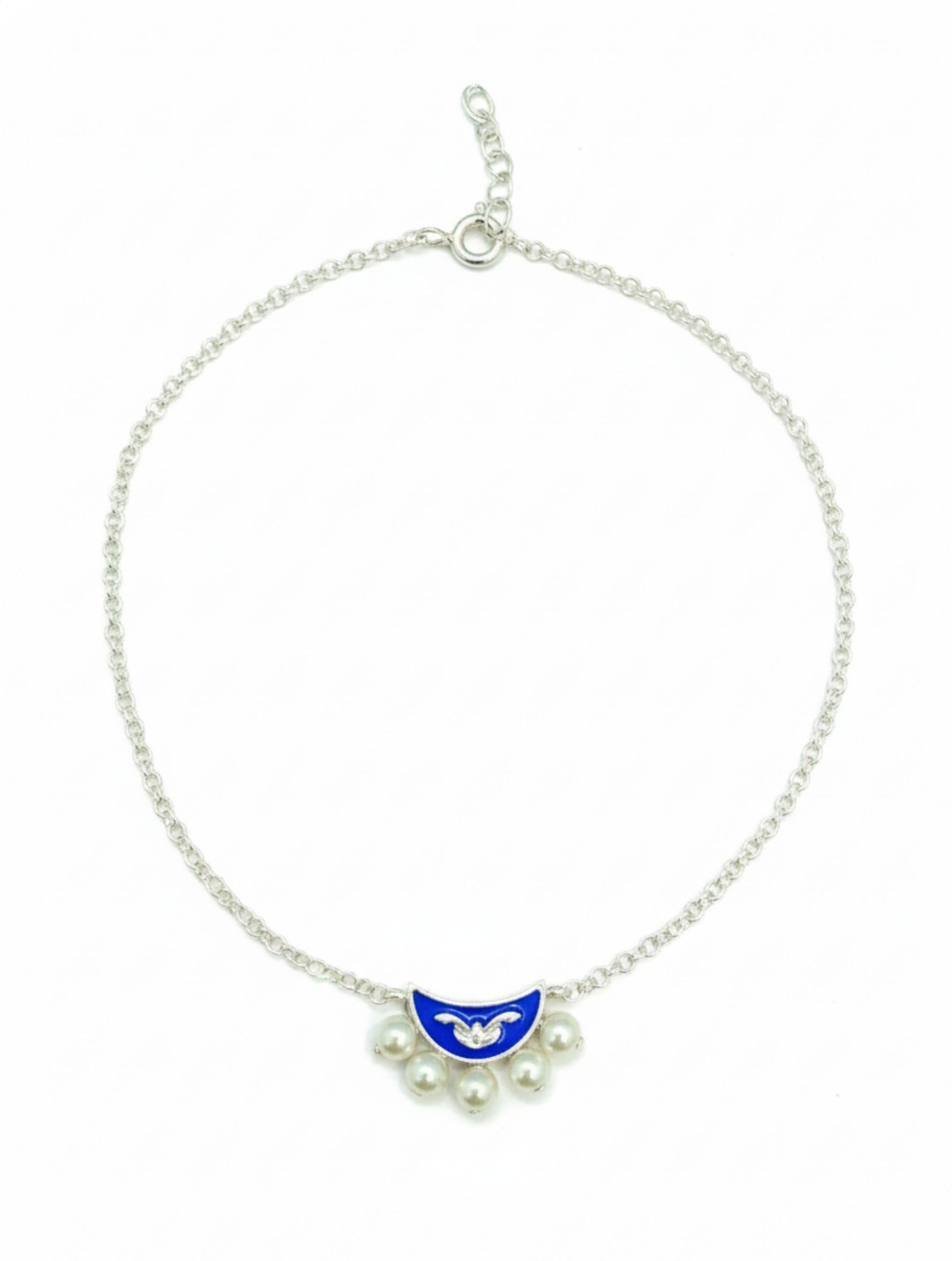925 Sterling Silver Blue Enamel Crescent Moon Pearl Anklet
