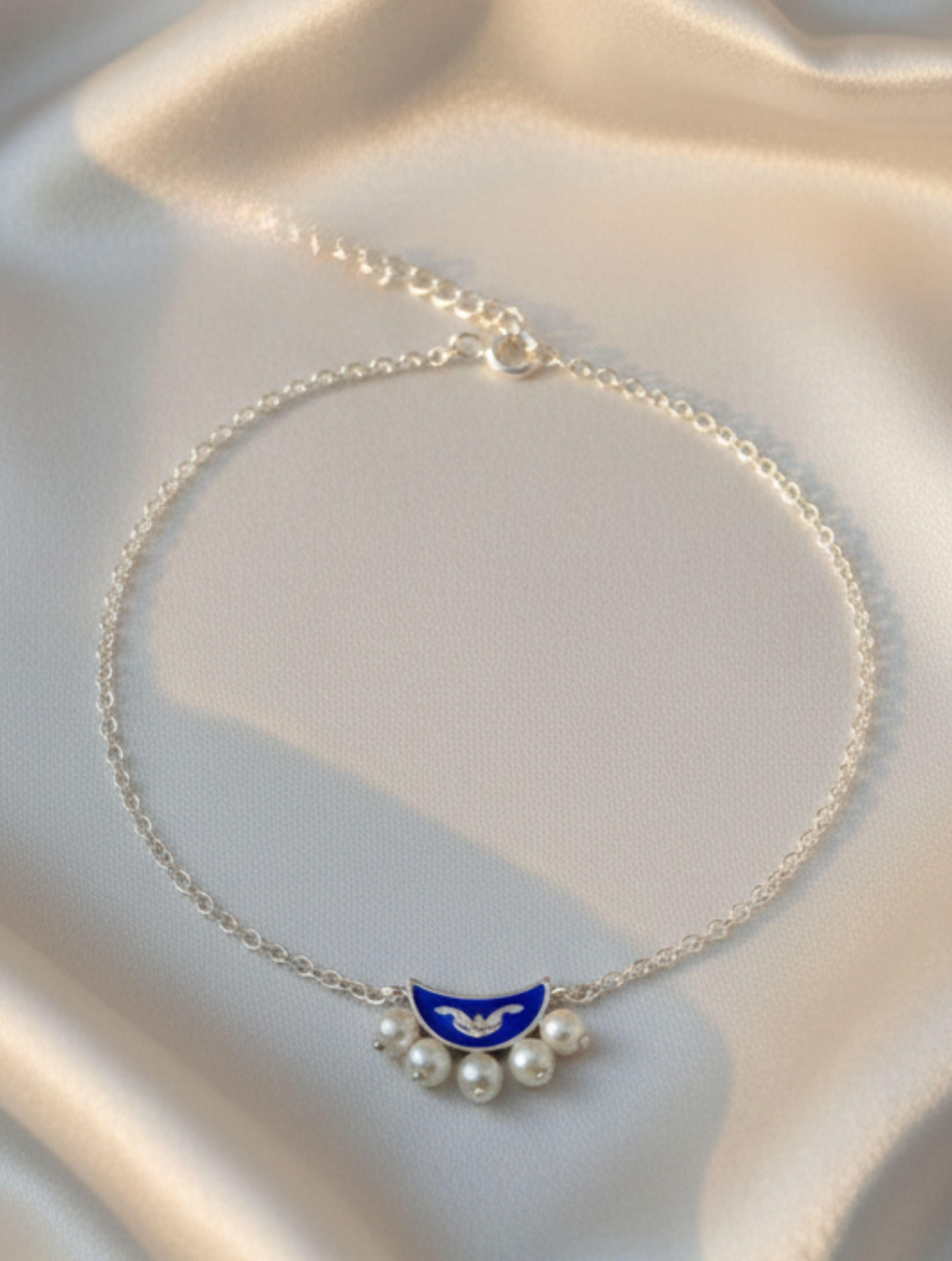 925 Sterling Silver Blue Enamel Crescent Moon Pearl Anklet