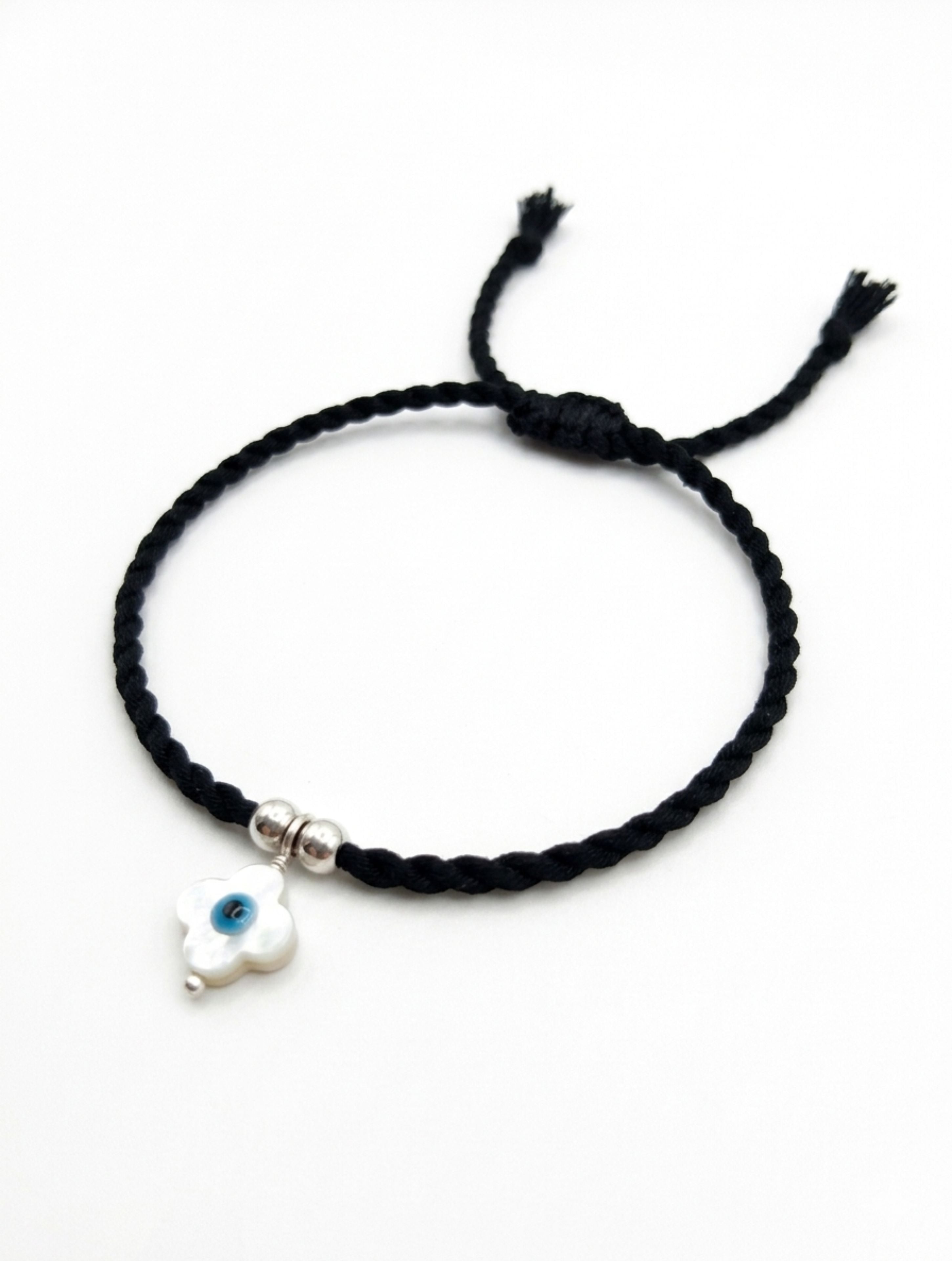 Evil Eye MOP Anklet in 925 Sterling Silver – Adjustable Black Macrame Cord