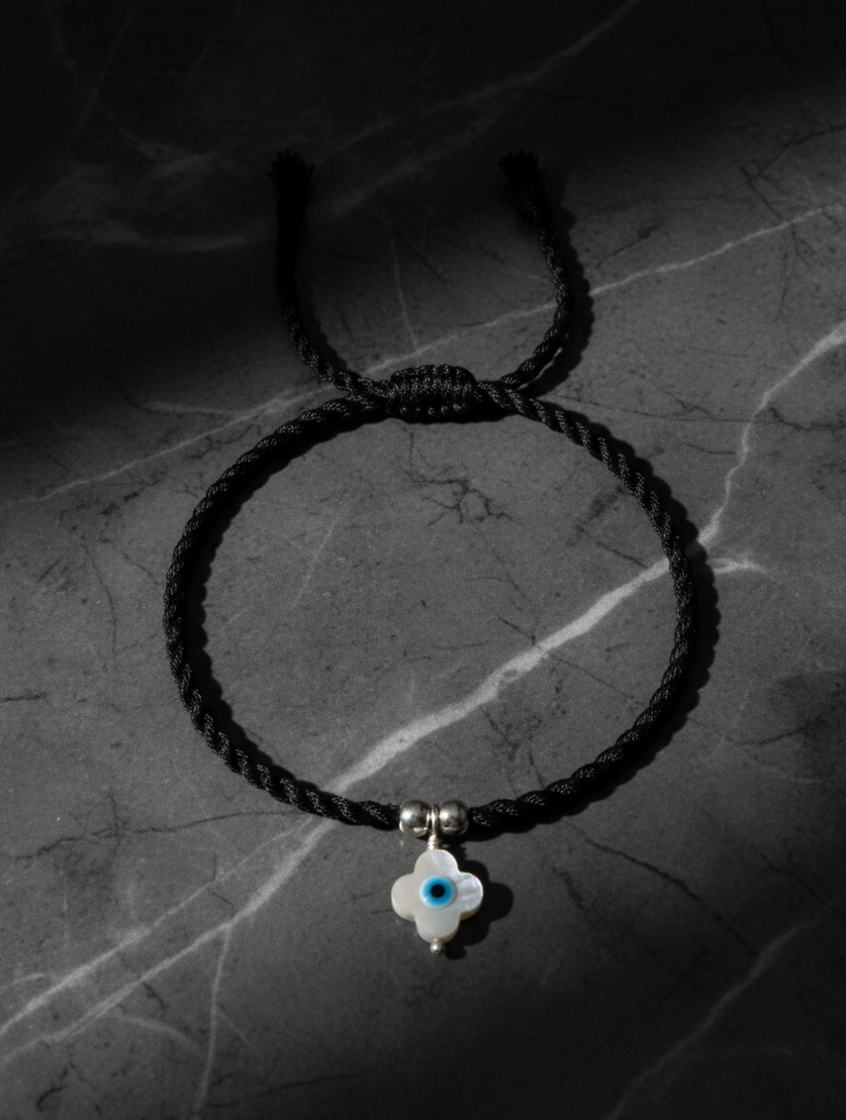 Evil Eye MOP Anklet in 925 Sterling Silver – Adjustable Black Macrame Cord