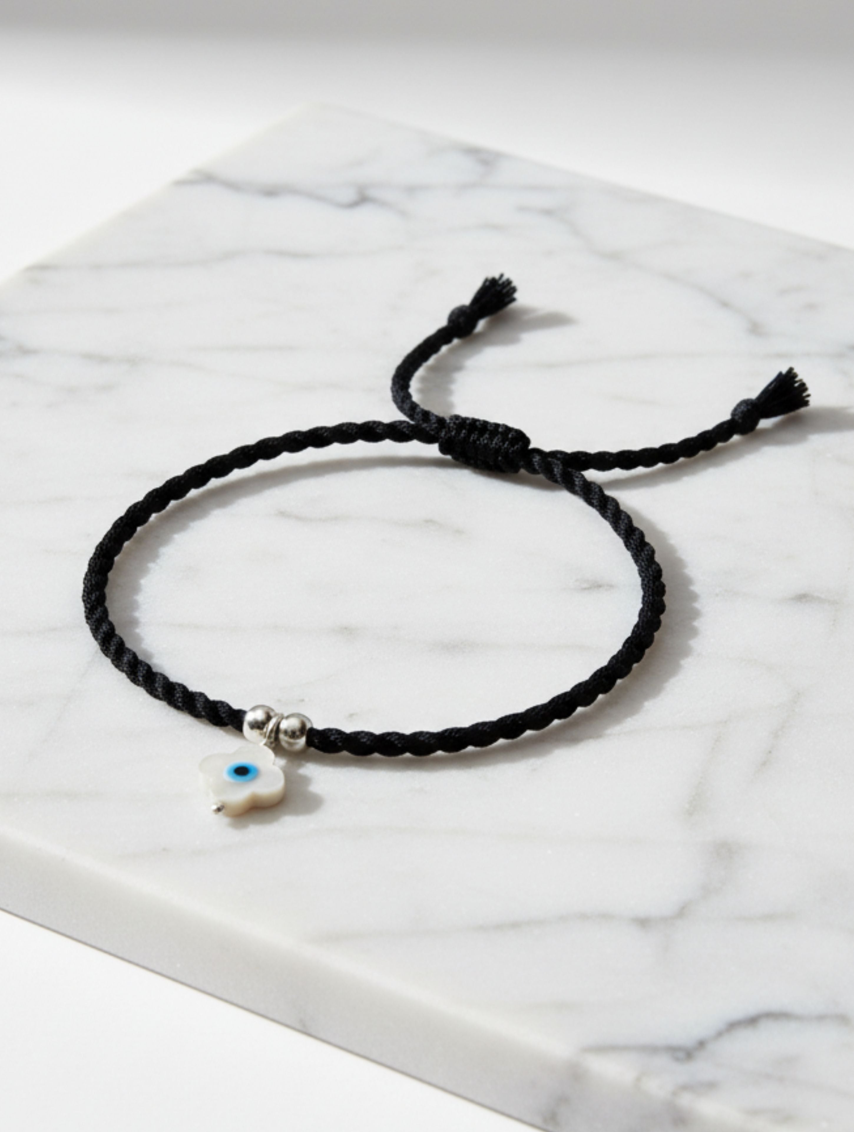 Evil Eye MOP Anklet in 925 Sterling Silver – Adjustable Black Macrame Cord
