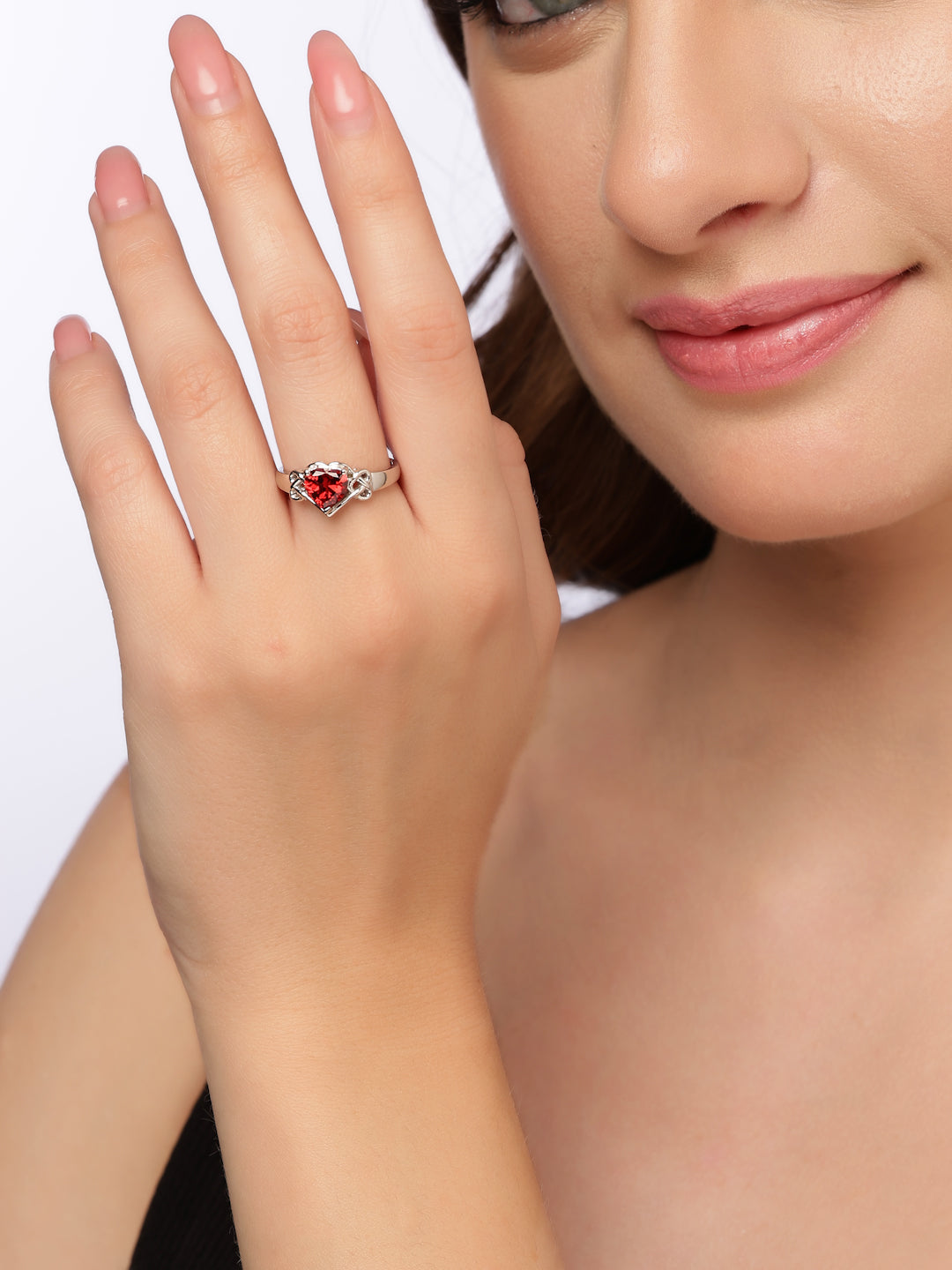 Red Heart Rhodium Plated Ring in 925 Sterling Silver