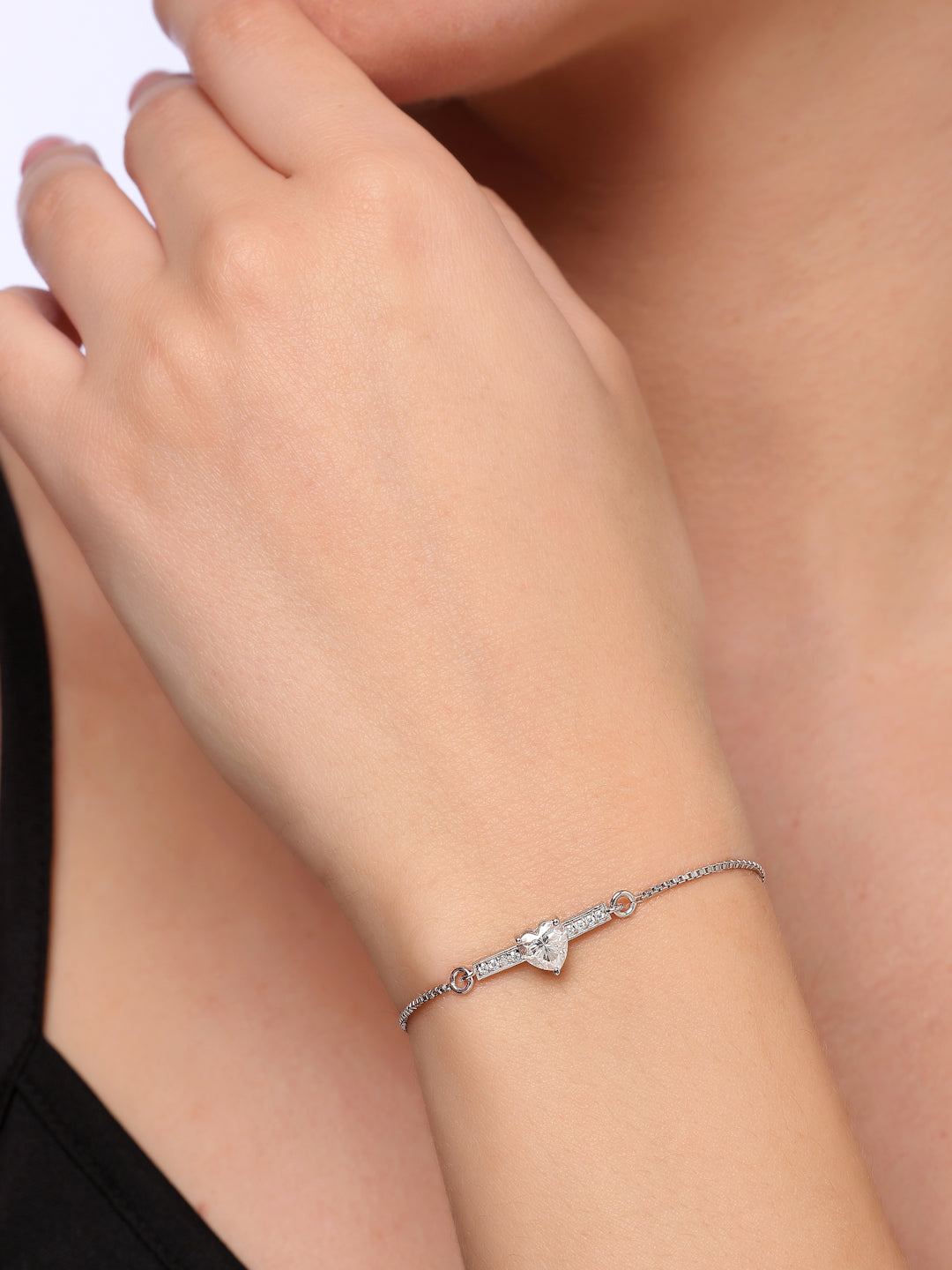 Heartfelt 925 Sterling Silver Rhodium-Plated Moissanite Bolo Bracelet