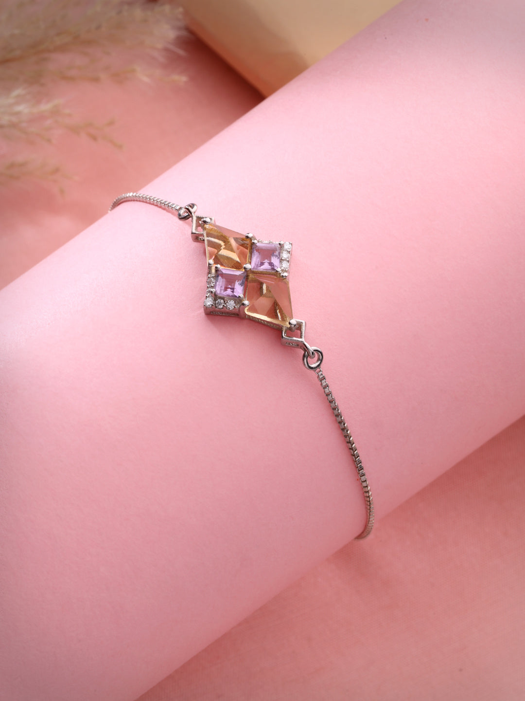 925 Sterling Silver Amethyst, Citrine & Moissanite Adjustable Bracelet