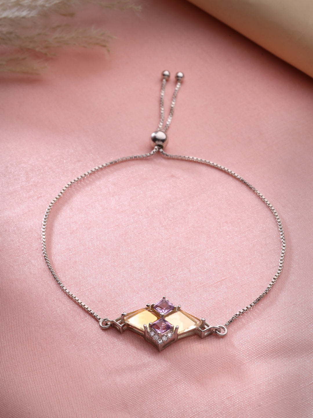 925 Sterling Silver Amethyst, Citrine & Moissanite Adjustable Bracelet