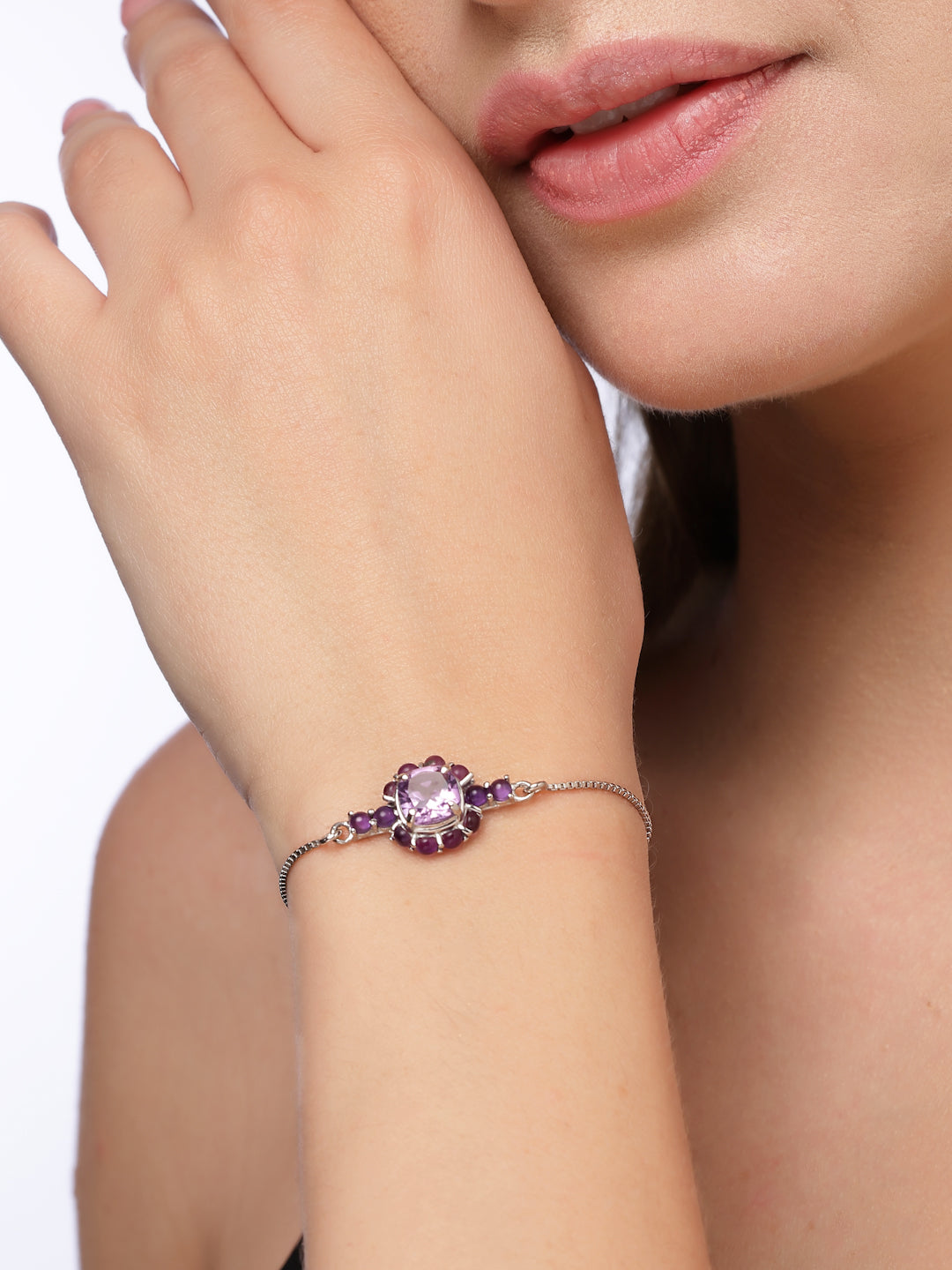 Violet Bloom 925 Sterling Silver Rhodium-Plated Amethyst Bolo Bracelet