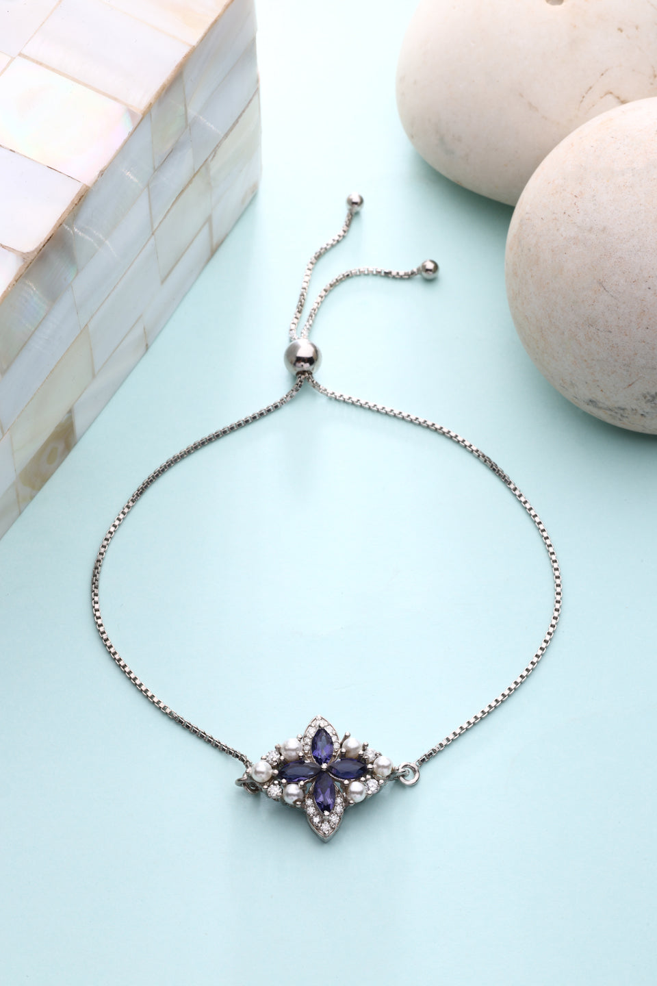 Indigo Blossom 925 Sterling Silver Moissanite & Iolite Bolo Bracelet