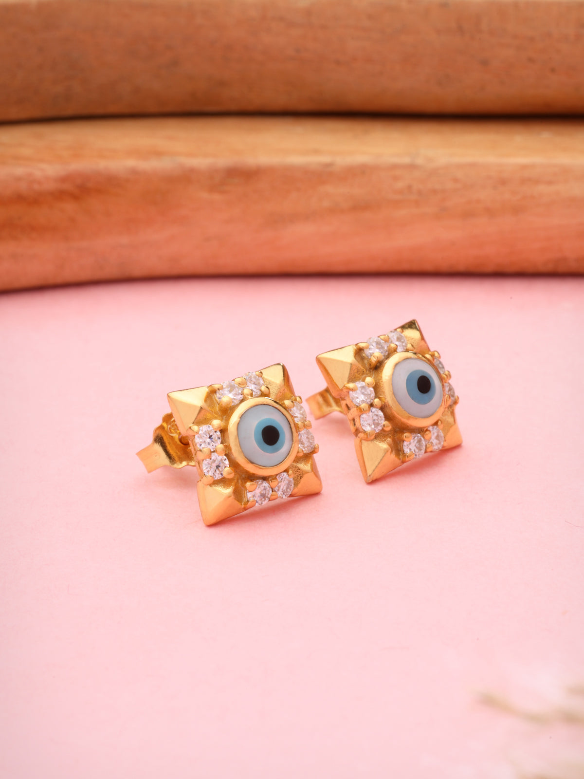 Evil Eye and Moissanite Stud Earrings in 925 Sterling Silver with Gold Plating