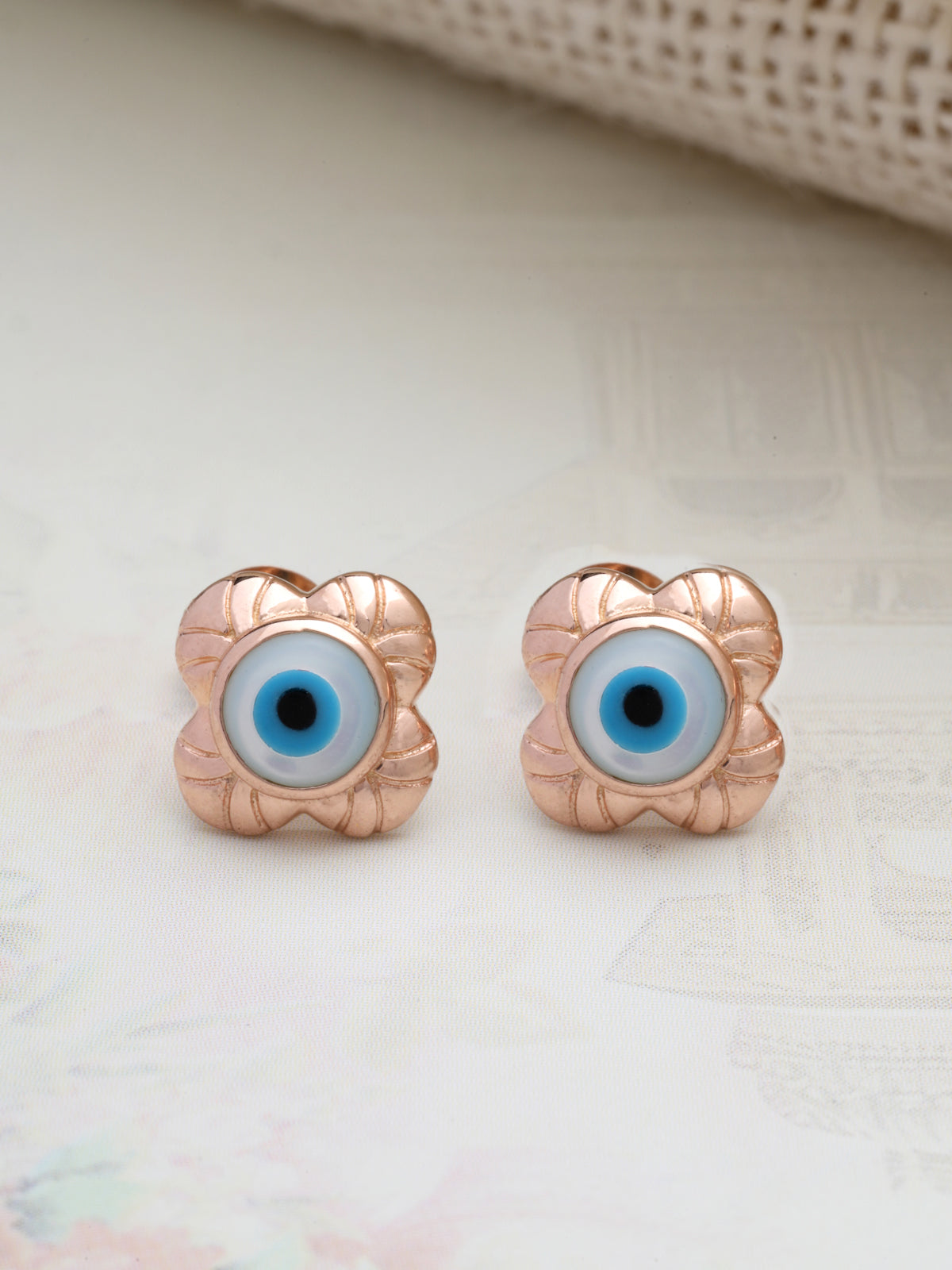 Rose Gold Plated Four-Leaf Clover Evil Eye Stud Earrings