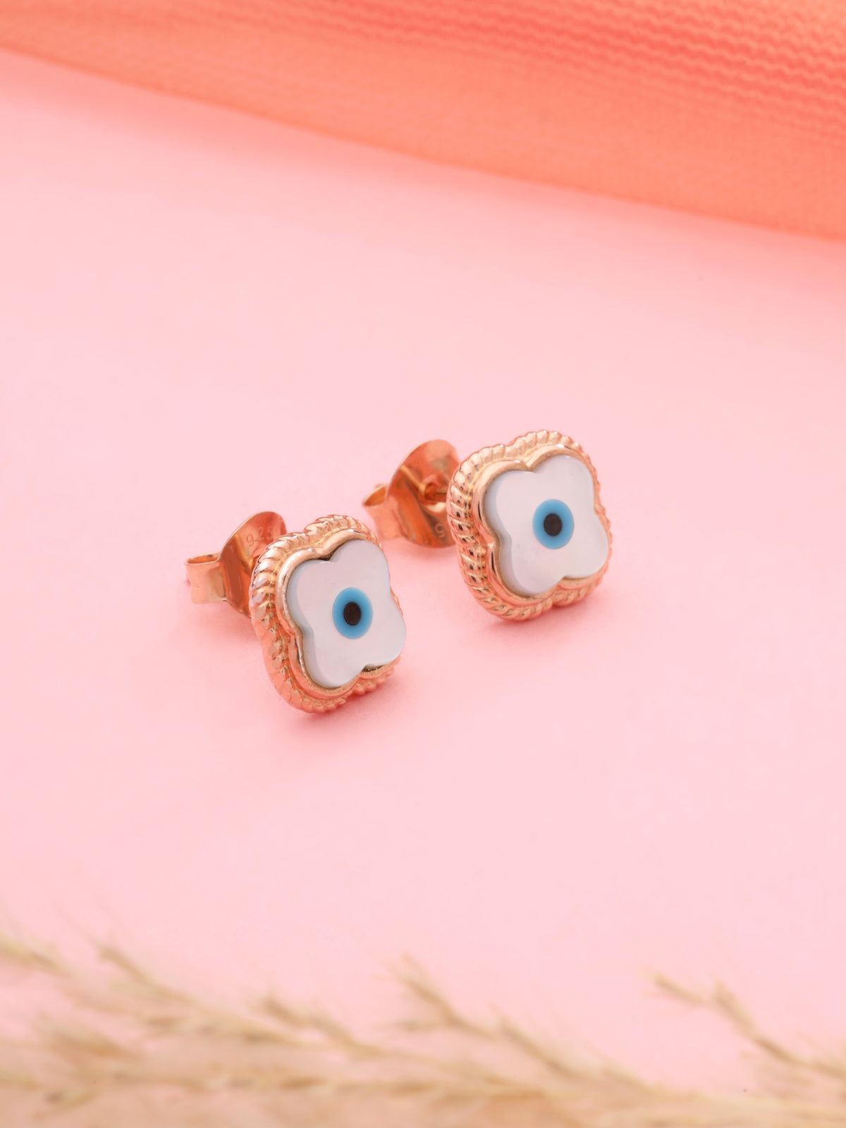 Rose Gold Plated 925 Sterling Silver Evil Eye Clover Stud Earrings