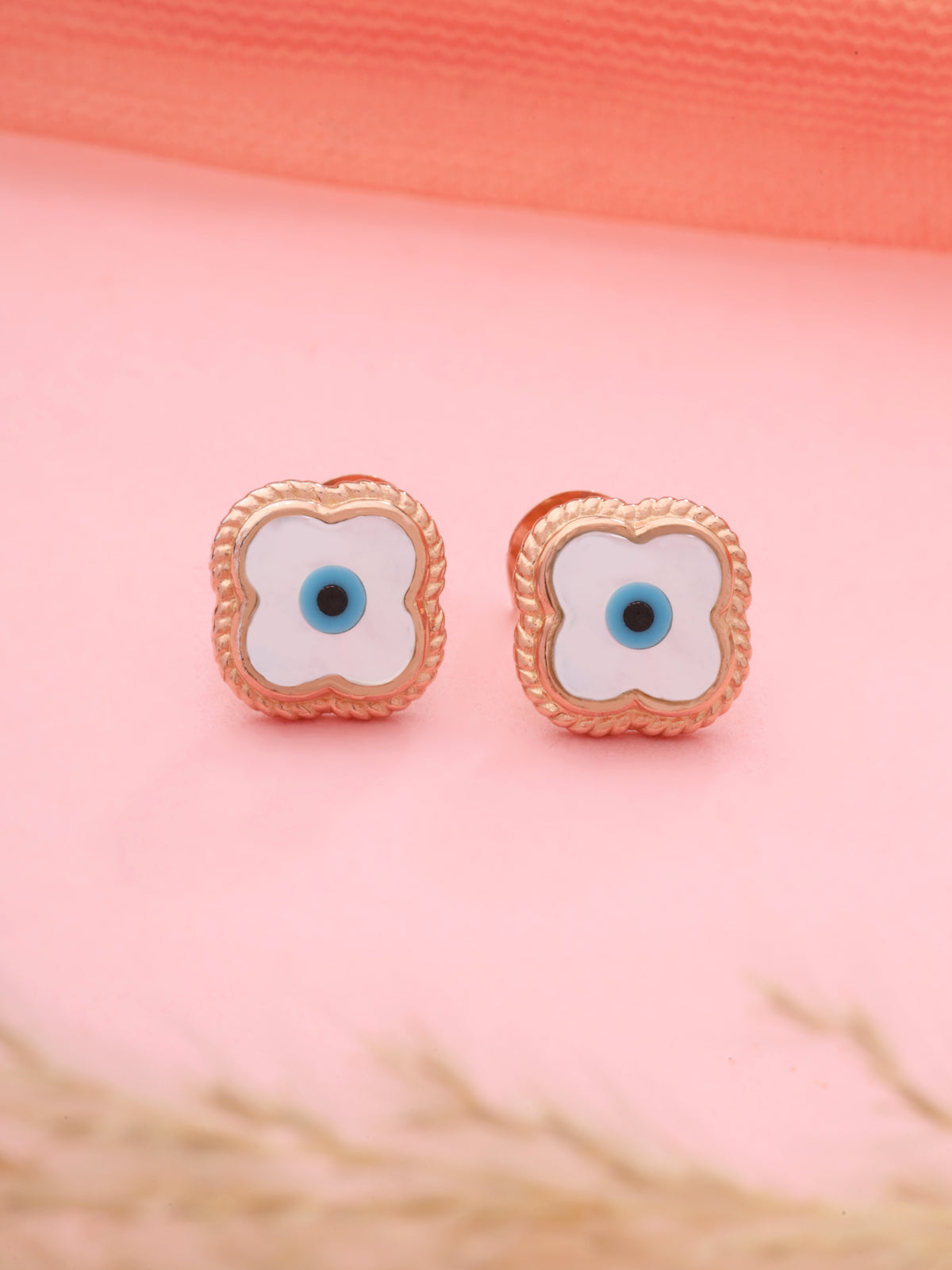 Rose Gold Plated 925 Sterling Silver Evil Eye Clover Stud Earrings