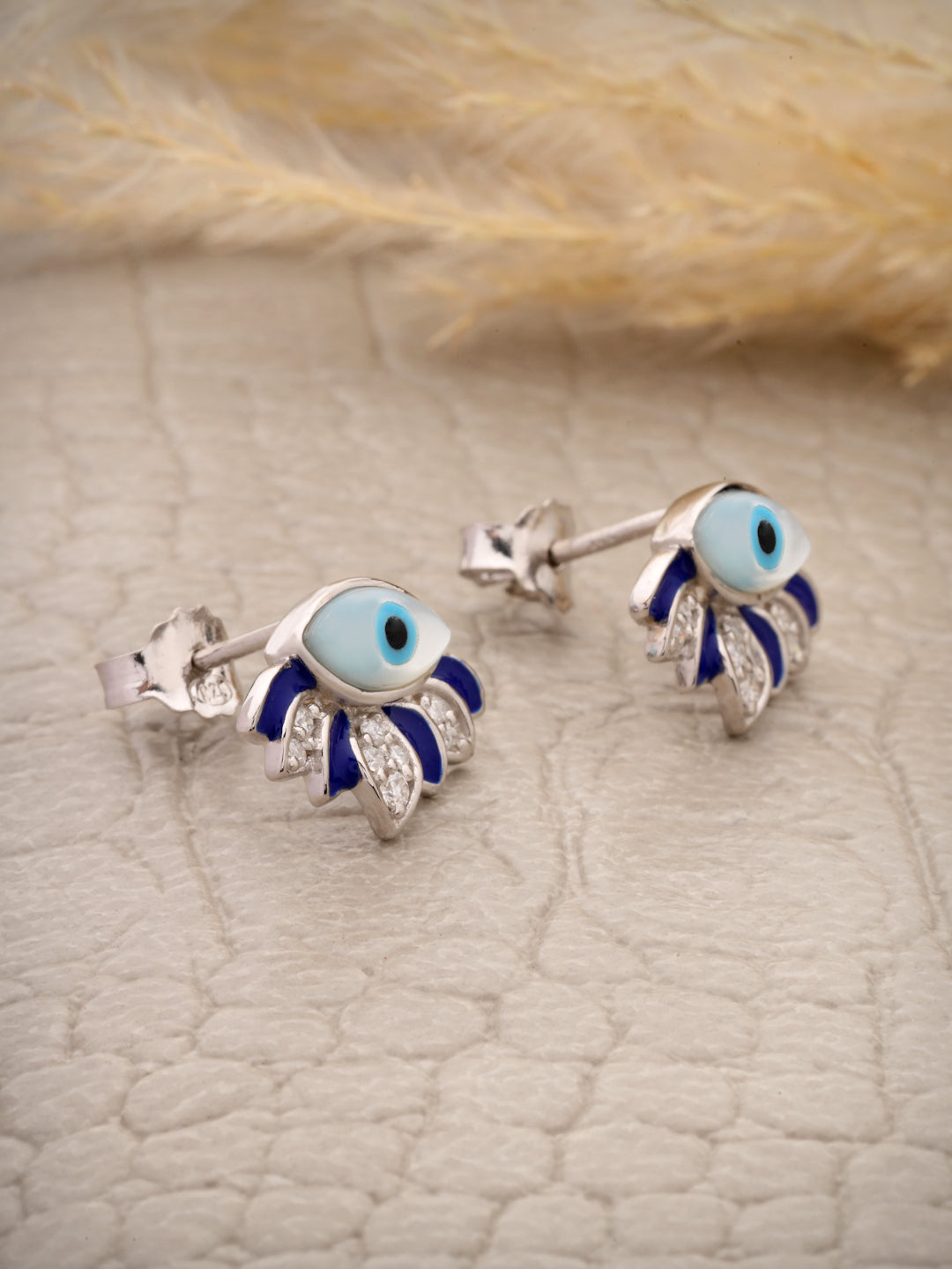 Evil Eye and Moissanite Stud Earrings in 925 Sterling Silver with Rhodium Plating