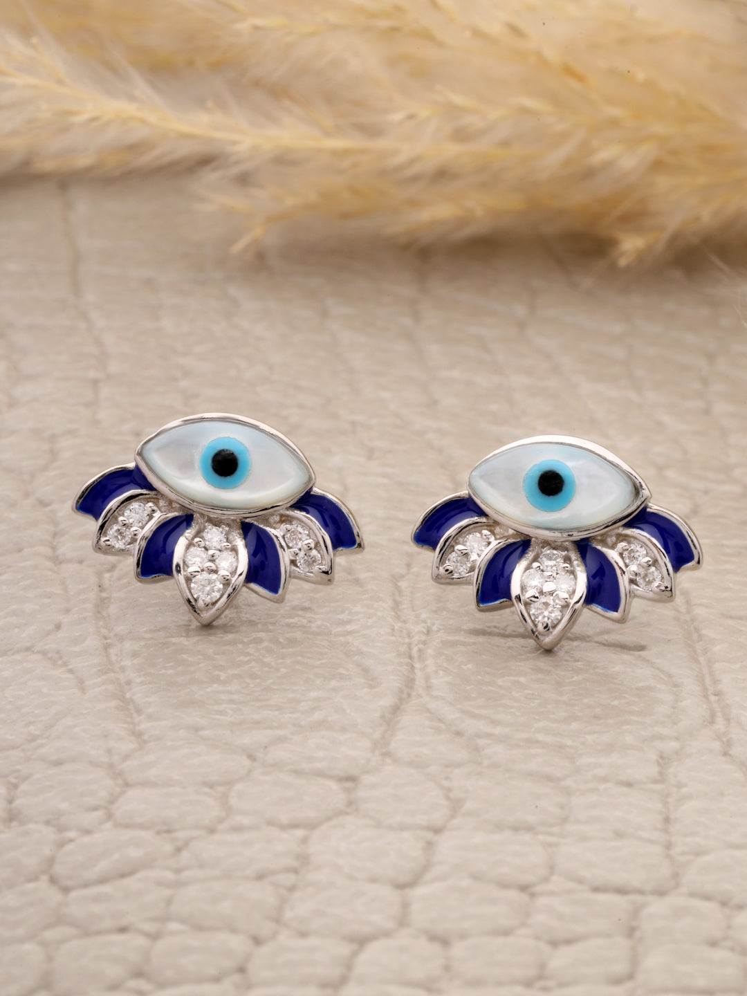 Evil Eye and Moissanite Stud Earrings in 925 Sterling Silver with Rhodium Plating