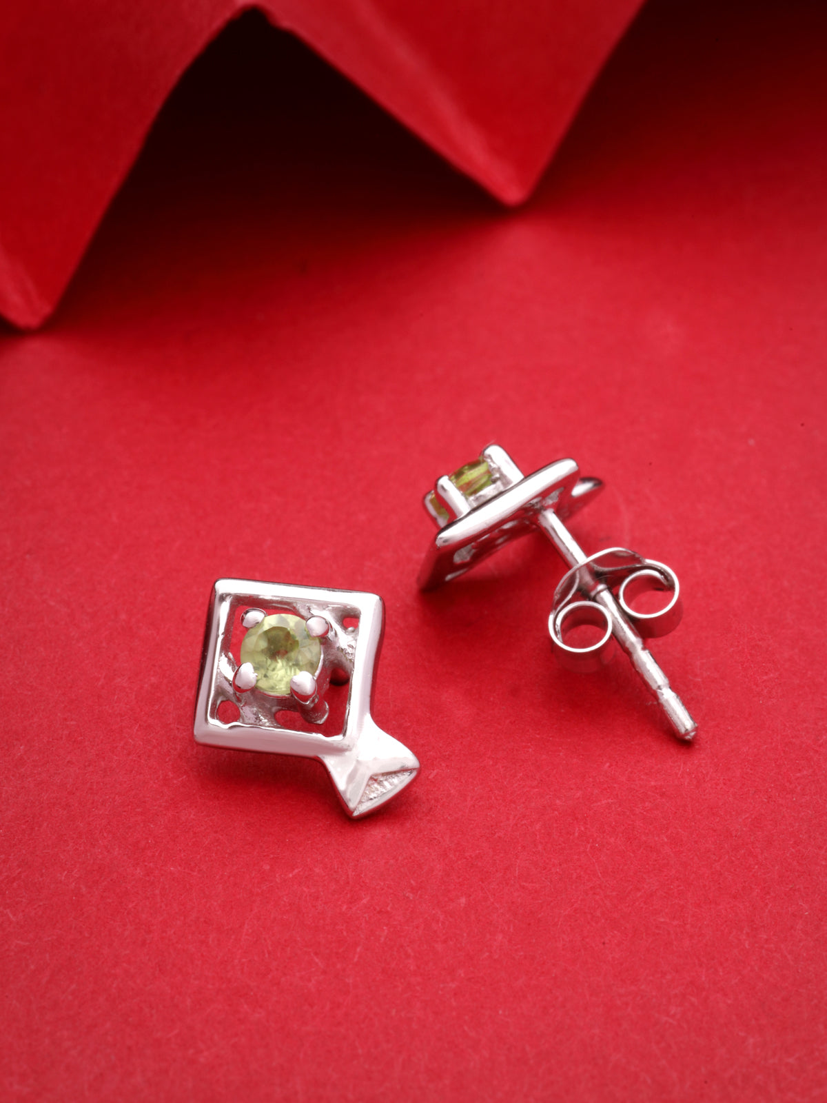 Peridot Stud Earrings in 925 Sterling Silver with Rhodium Plating