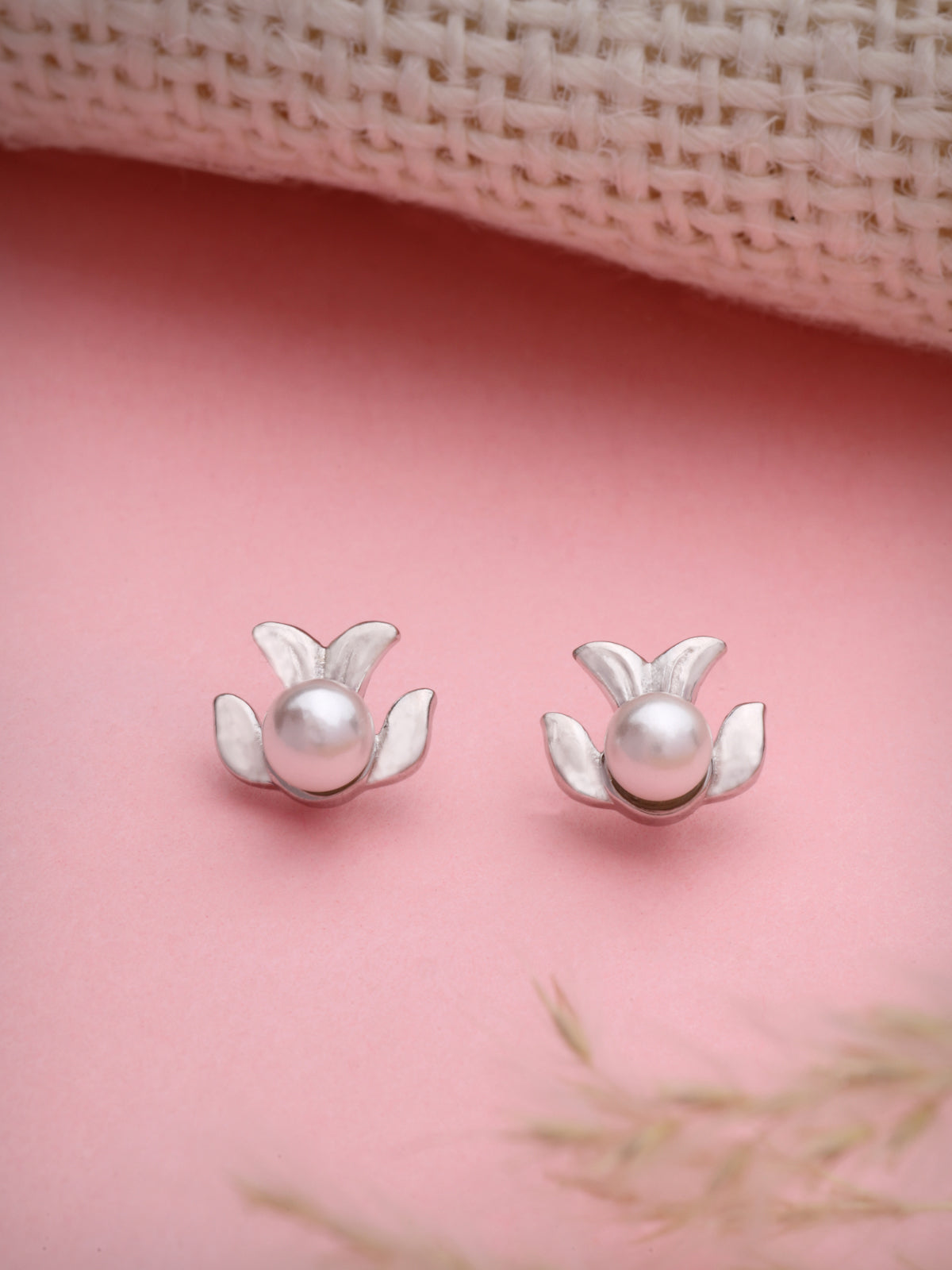 Pearl Stud Earrings in 925 Sterling Silver with Rhodium Plating