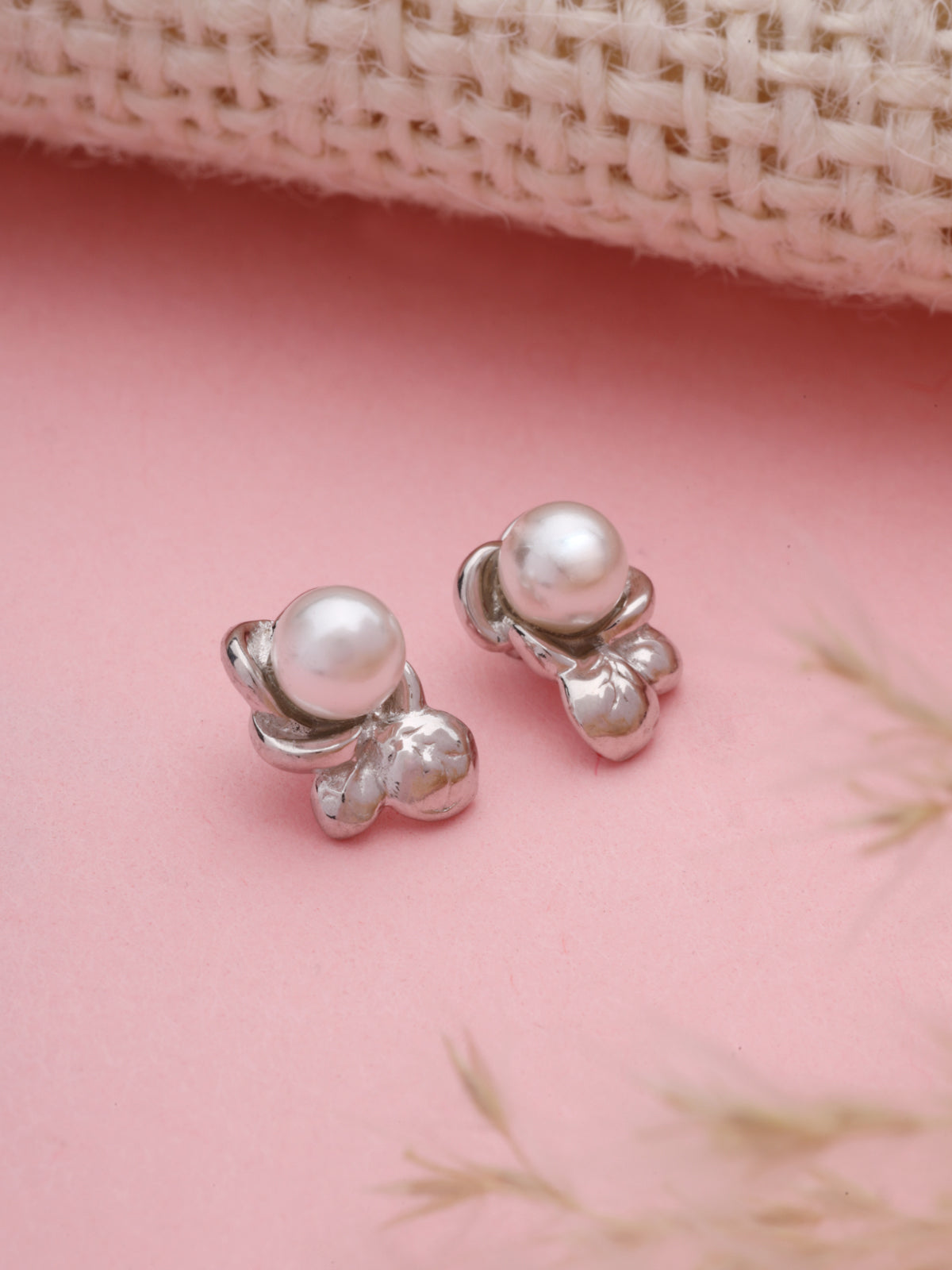 Pearl Stud Earrings in 925 Sterling Silver with Rhodium Plating
