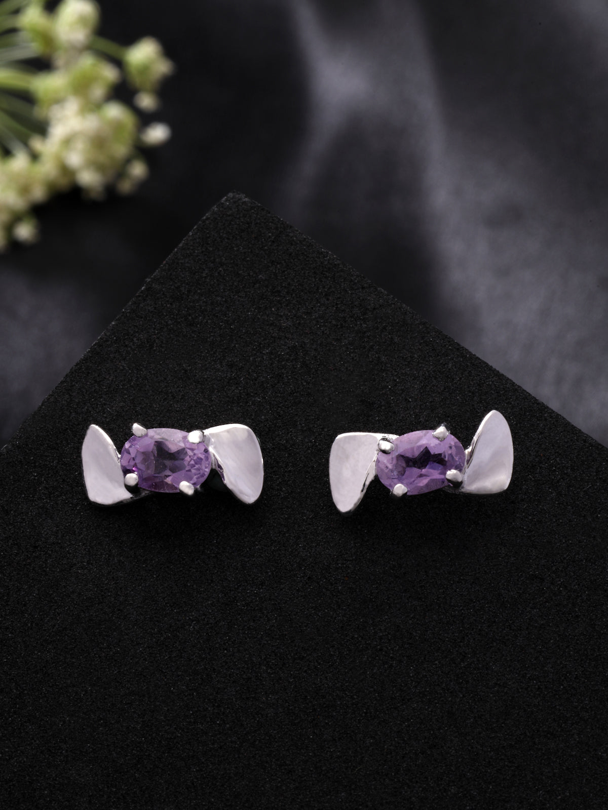 Amethyst Stud Earrings in 925 Sterling Silver with Rhodium Plating
