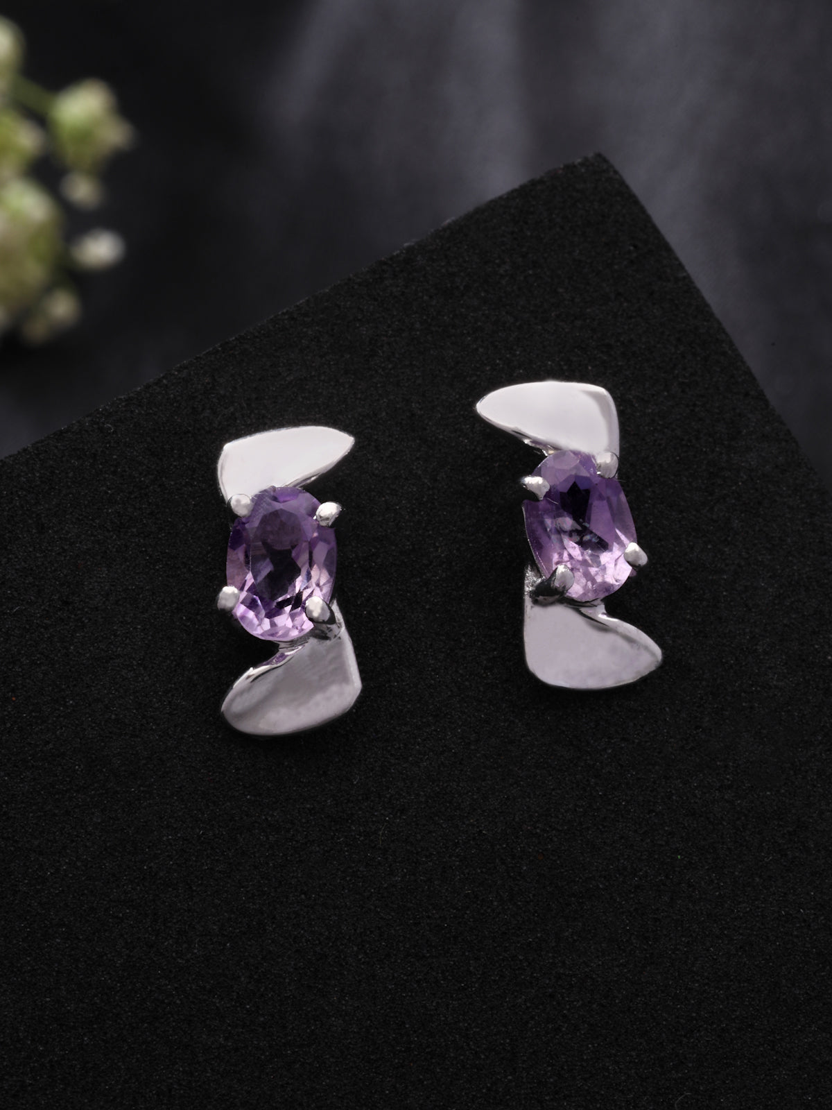 Amethyst Stud Earrings in 925 Sterling Silver with Rhodium Plating