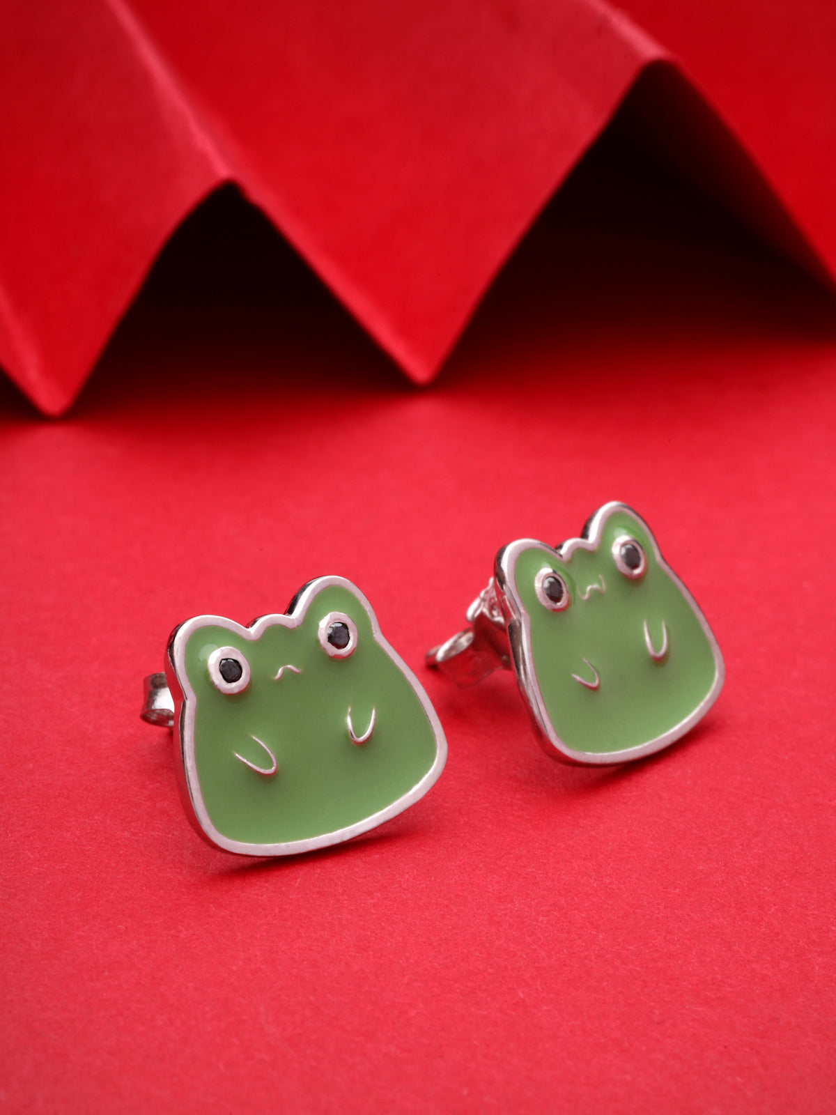 Green Frog 925 Sterling Silver Enamel Stud Earrings with Black Moissanite