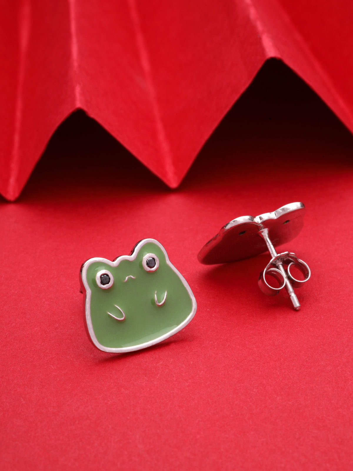 Green Frog 925 Sterling Silver Enamel Stud Earrings with Black Moissanite