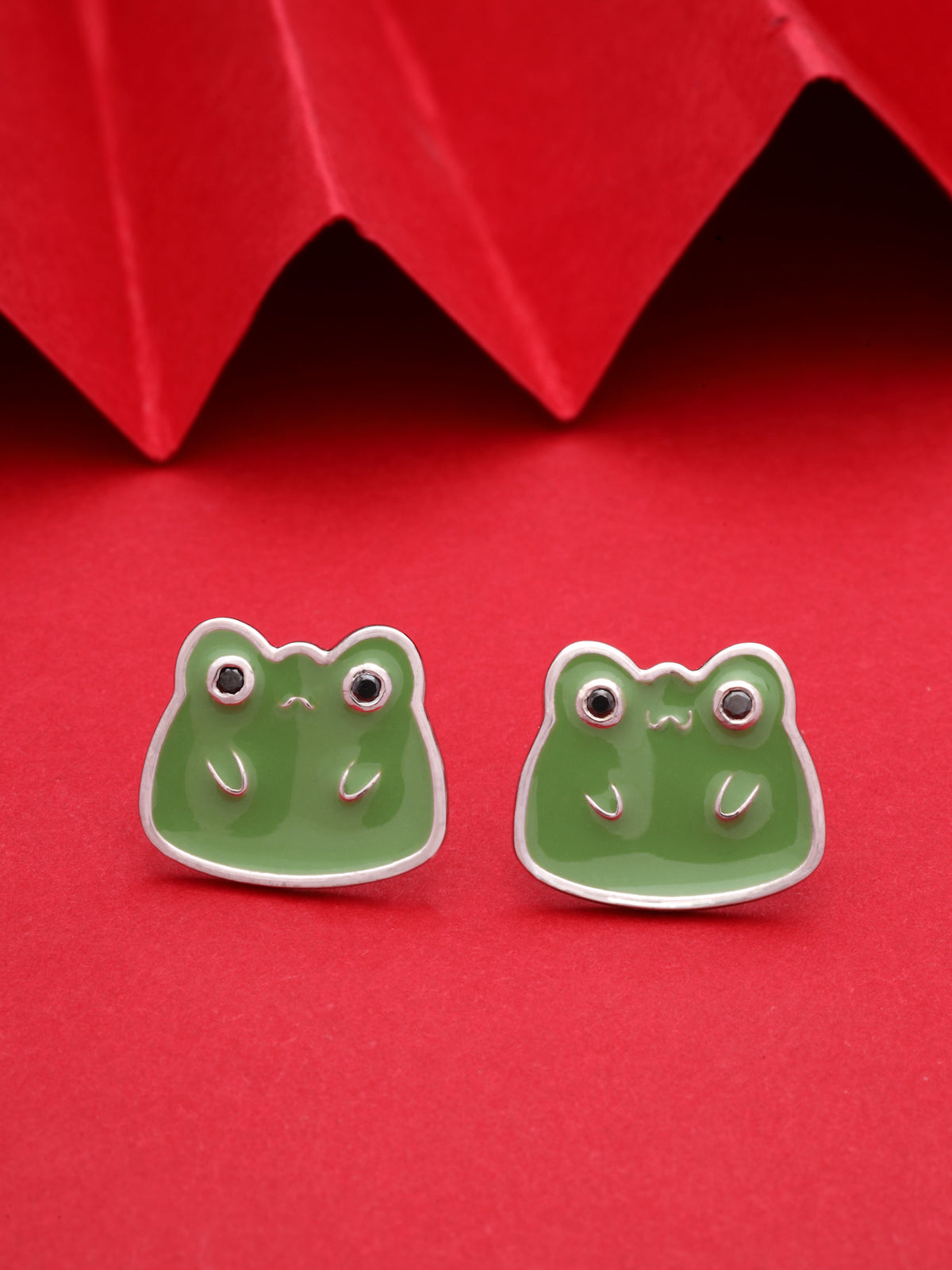 Green Frog 925 Sterling Silver Enamel Stud Earrings with Black Moissanite