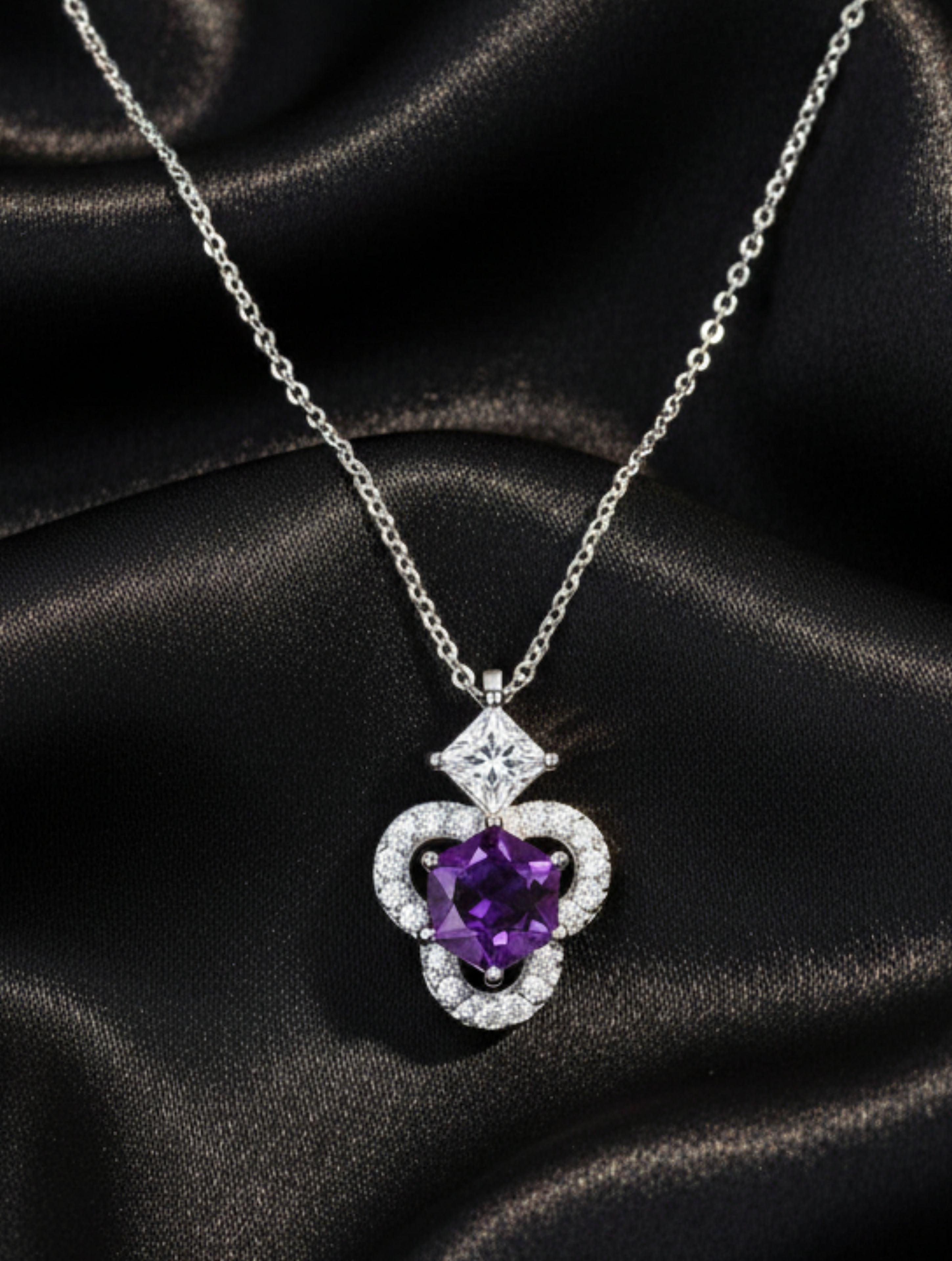 Abstract Amethyst and Moissanite 925 Sterling Silver Pendant For Women