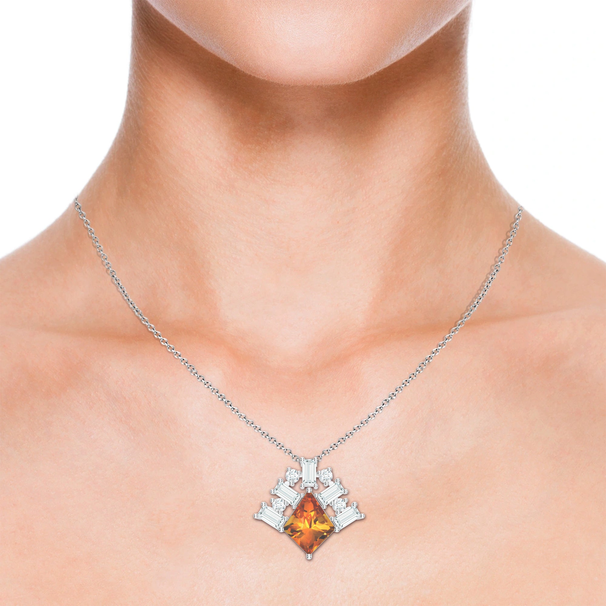 Citrine and Moissanite Geometric 925 Sterling Silver Pendant For Women