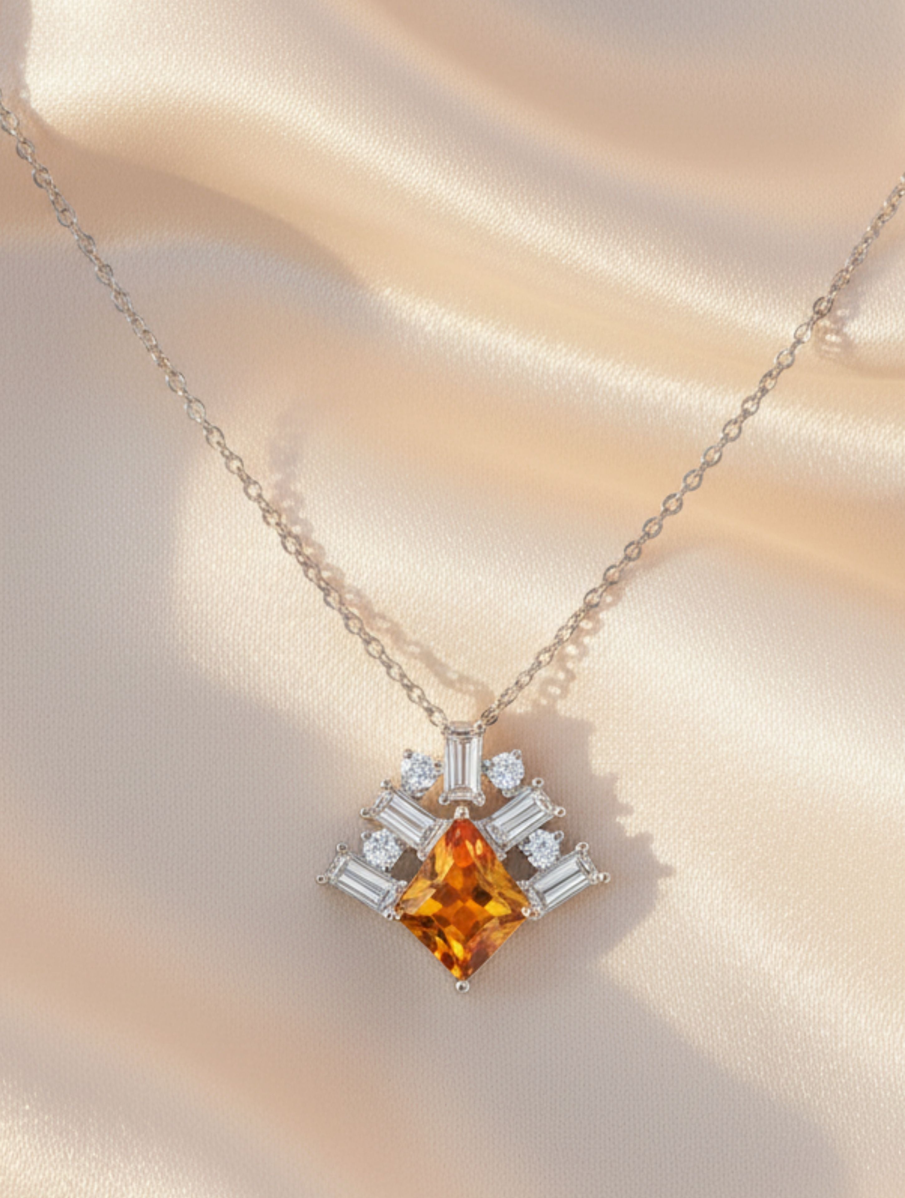 Citrine and Moissanite Geometric 925 Sterling Silver Pendant For Women