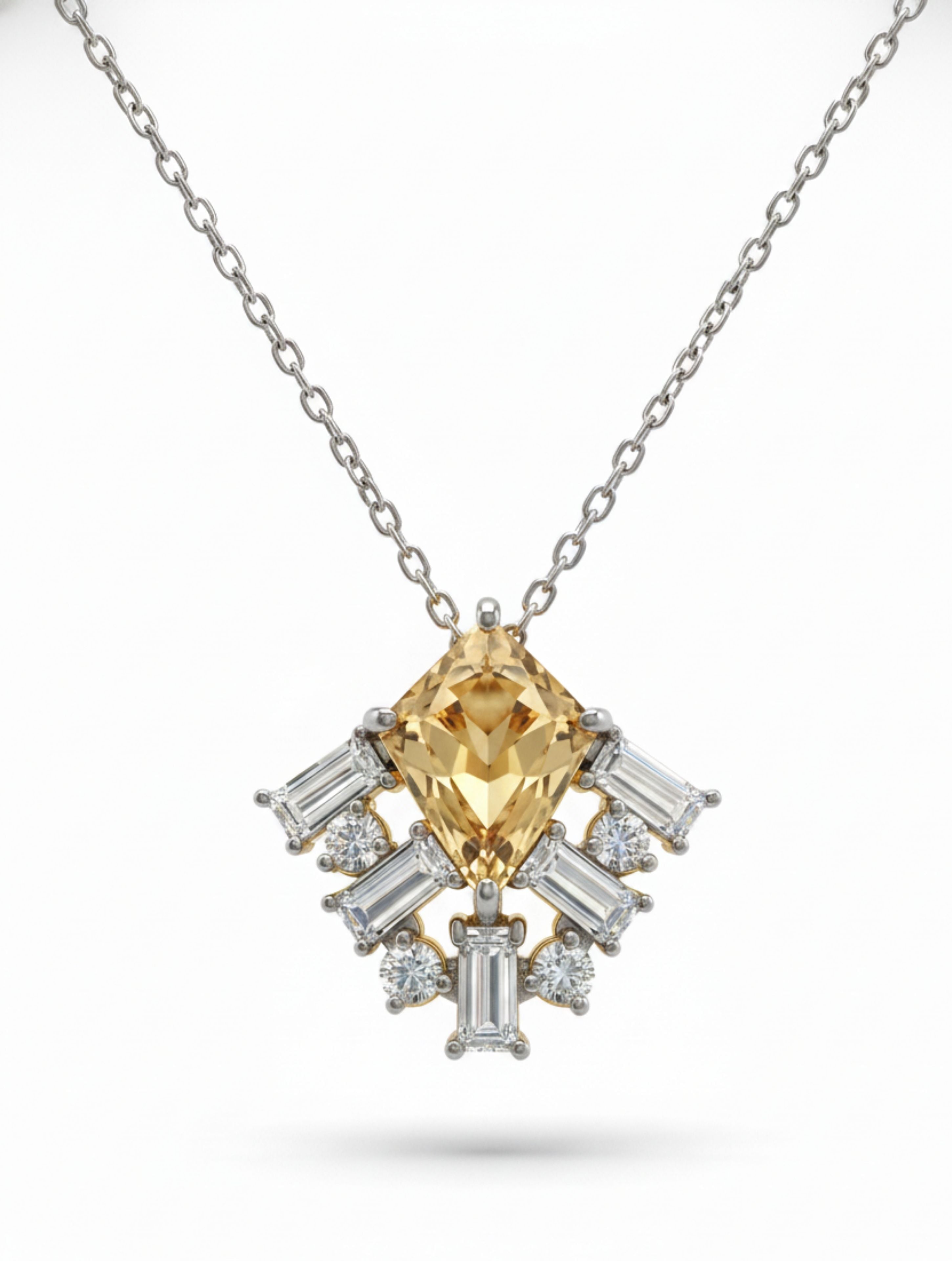 Citrine and Moissanite Geometric 925 Sterling Silver Pendant For Women