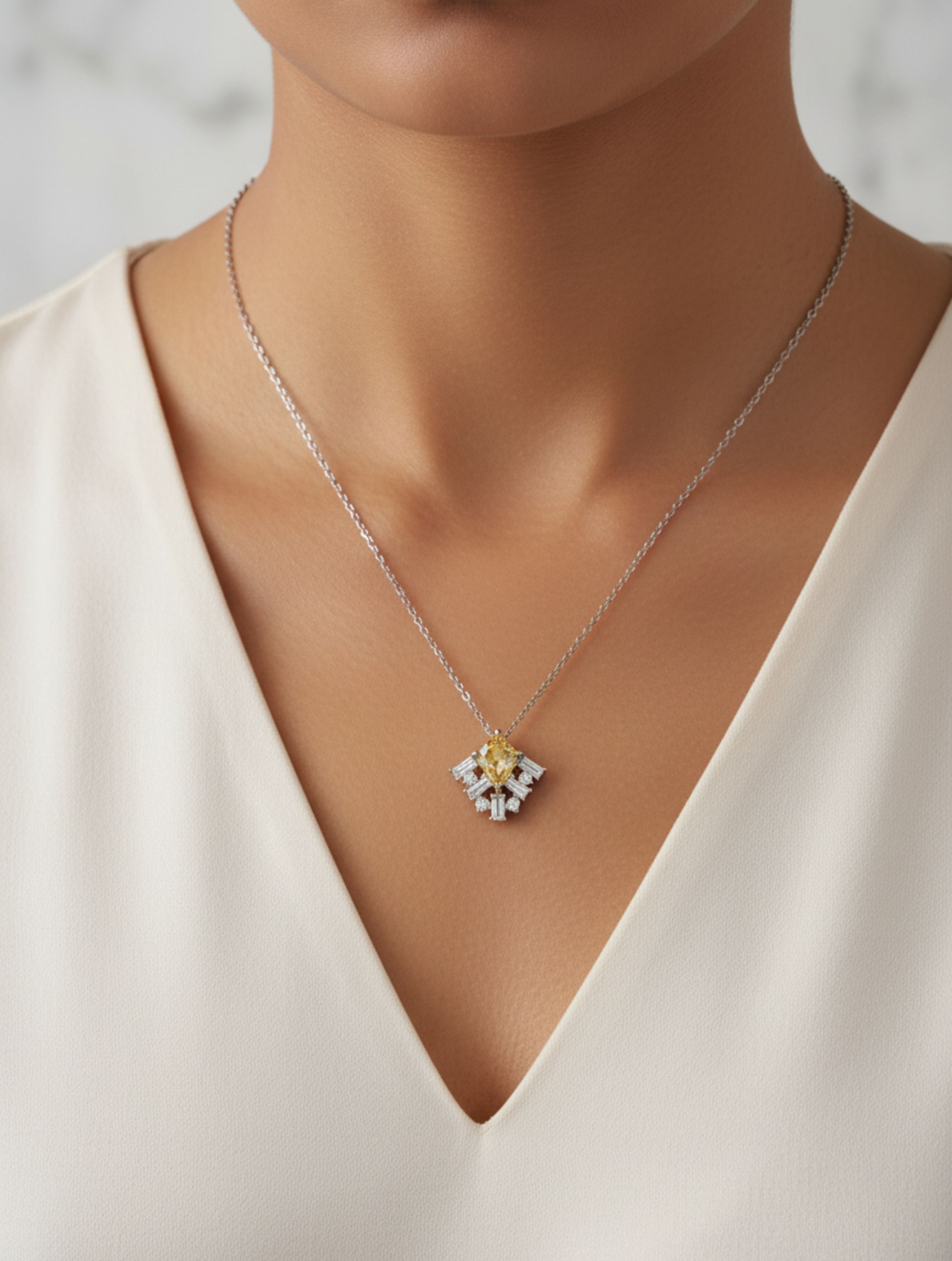 Citrine and Moissanite Geometric 925 Sterling Silver Pendant For Women