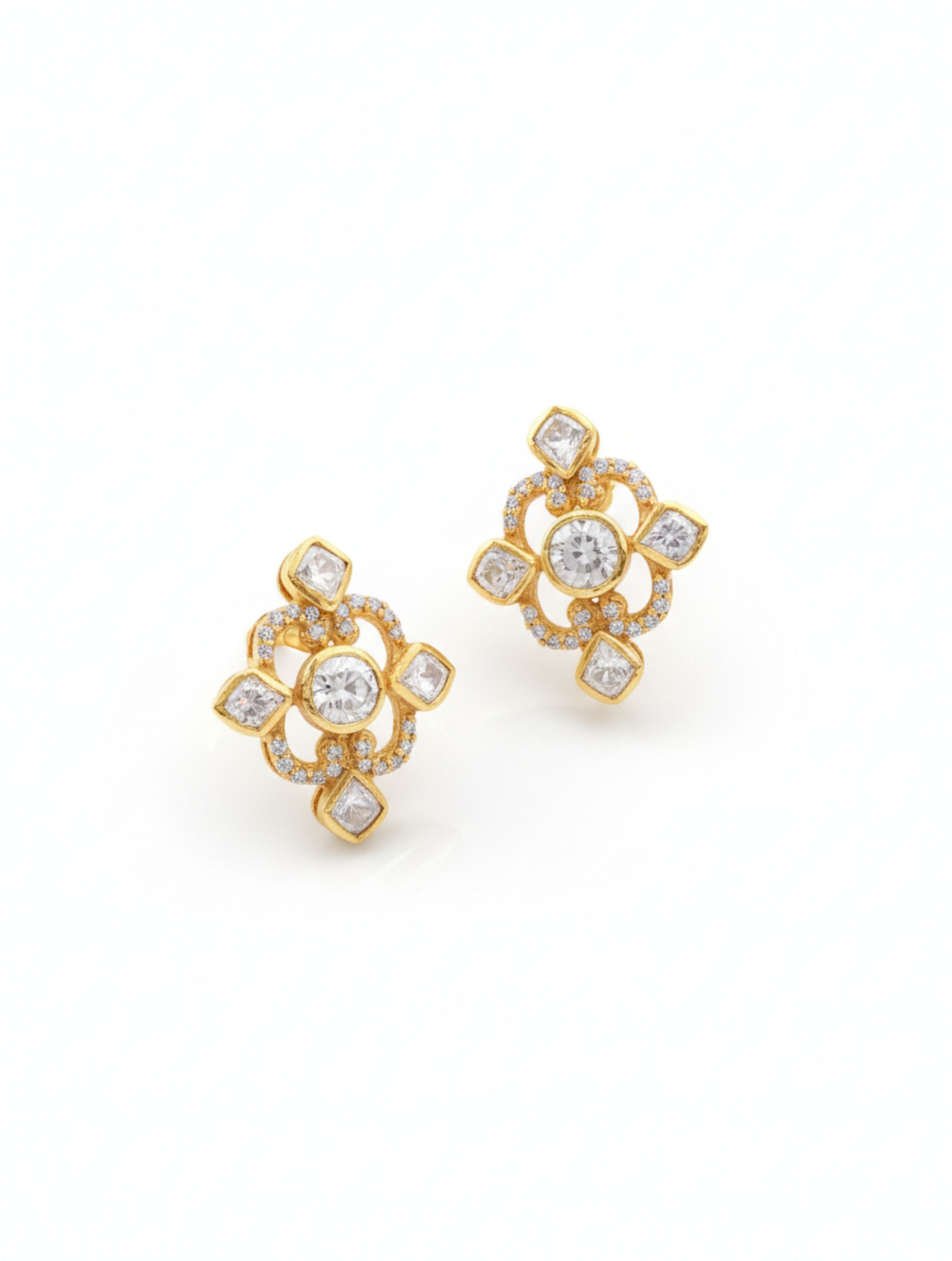 Moissanite and Polki Stud Earrings in Gold Plated 925 Sterling Silver