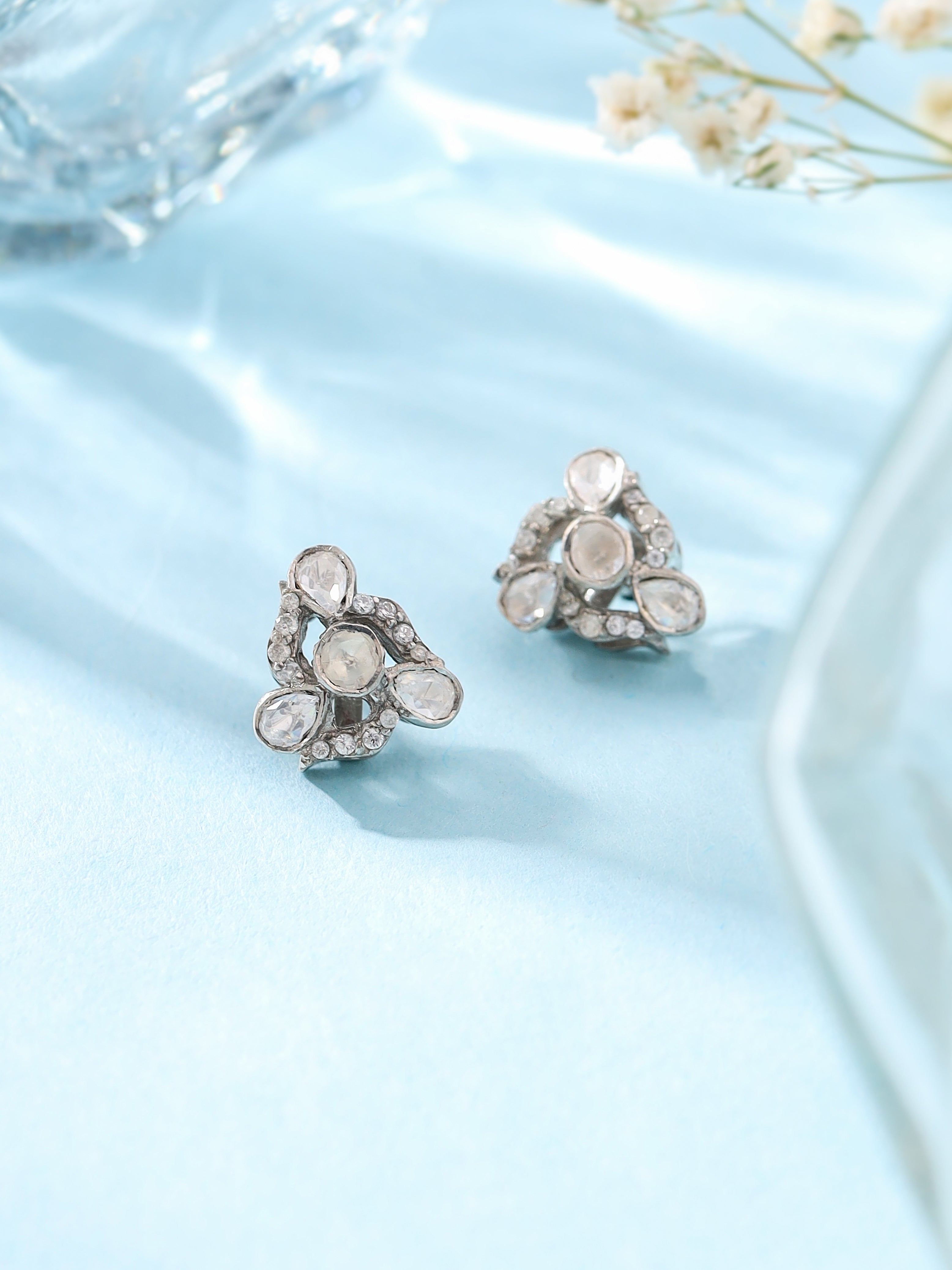 Rhodium Floral Classic Polki 925 Sterling Silver Earrings For Women