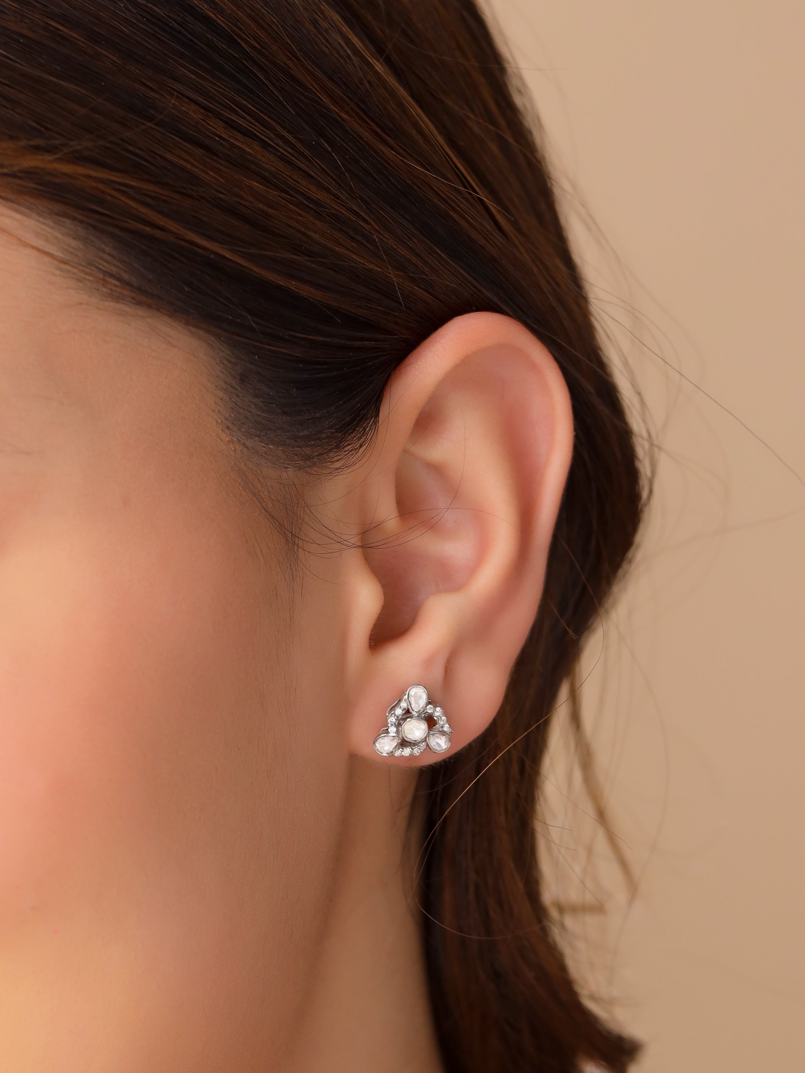 Rhodium Floral Classic Polki 925 Sterling Silver Earrings For Women